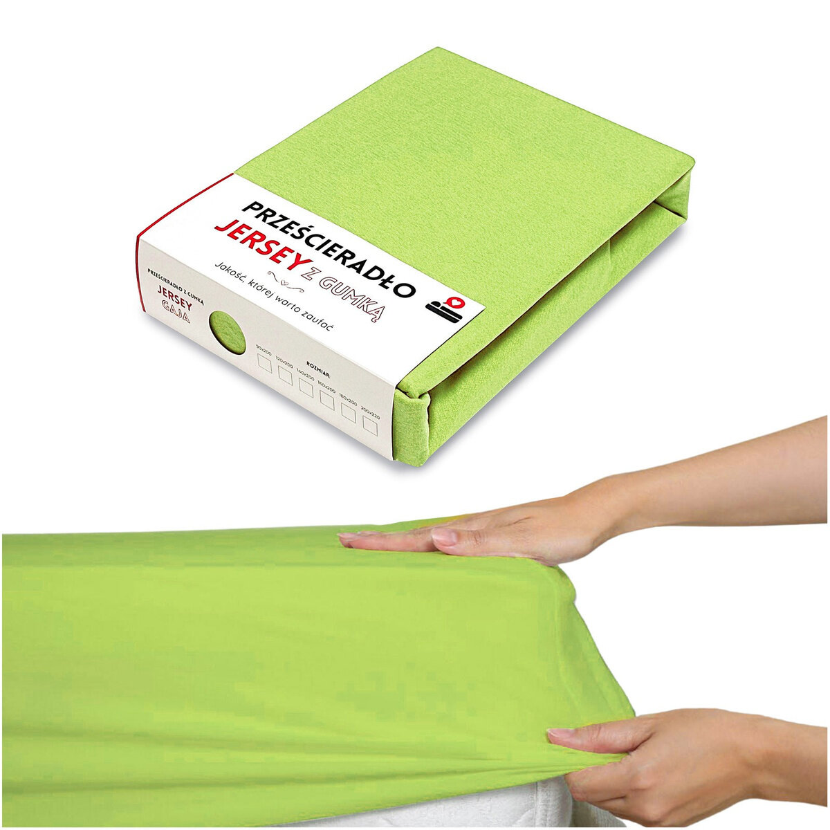 Zielone prześcieradło Jersey z gumką jest zapakowane w kartonowe opakowanie z napisem \'PRZEŚCIERADŁO JERSEY z GUMKĄ\'. Na dole widać ręce naciągające prześcieradło na materac.