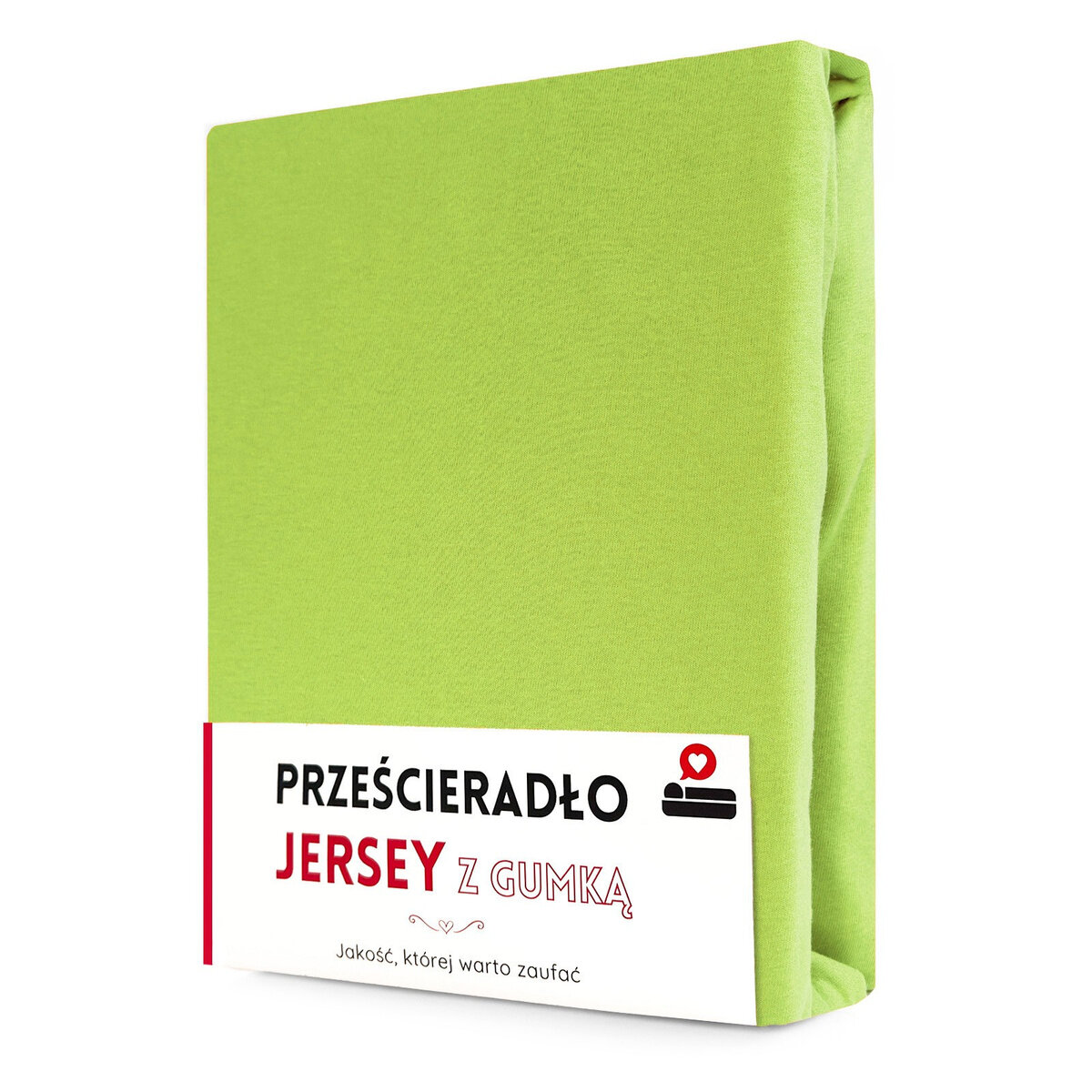 Zielone prześcieradło z gumką, zapakowane w opakowanie z napisem \'PRZEŚCIERADŁO JERSEY Z GUMKĄ\'. Na opakowaniu znajduje się również tekst \'Jakość, której warto zaufać\'.