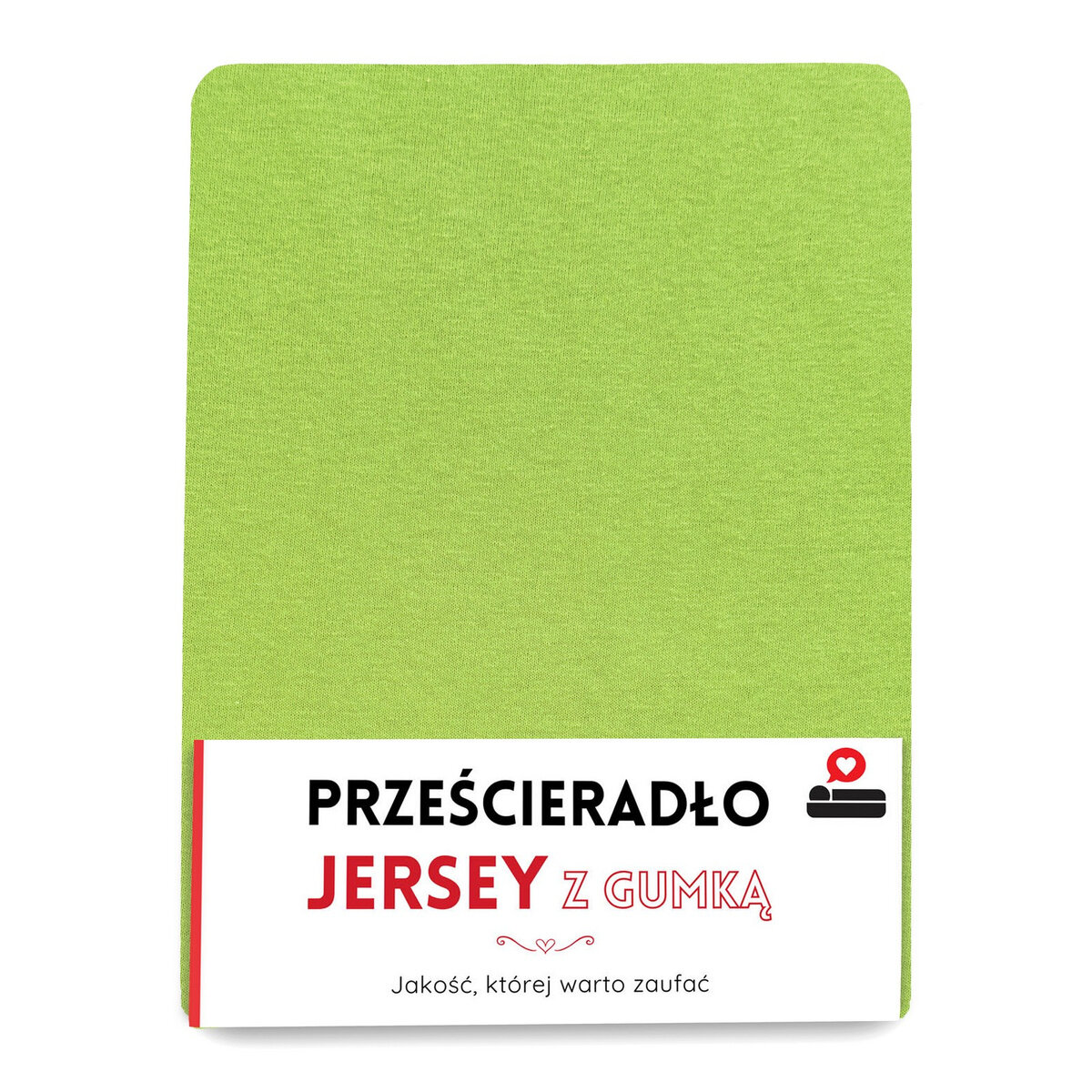 Zielone prześcieradło z gumką, na dole widoczny jest biały pasek z napisem: \'PRZEŚCIERADŁO JERSEY Z GUMKĄ\'. Pod spodem mniejszymi literami: \'Jakość, której warto zaufać\'.