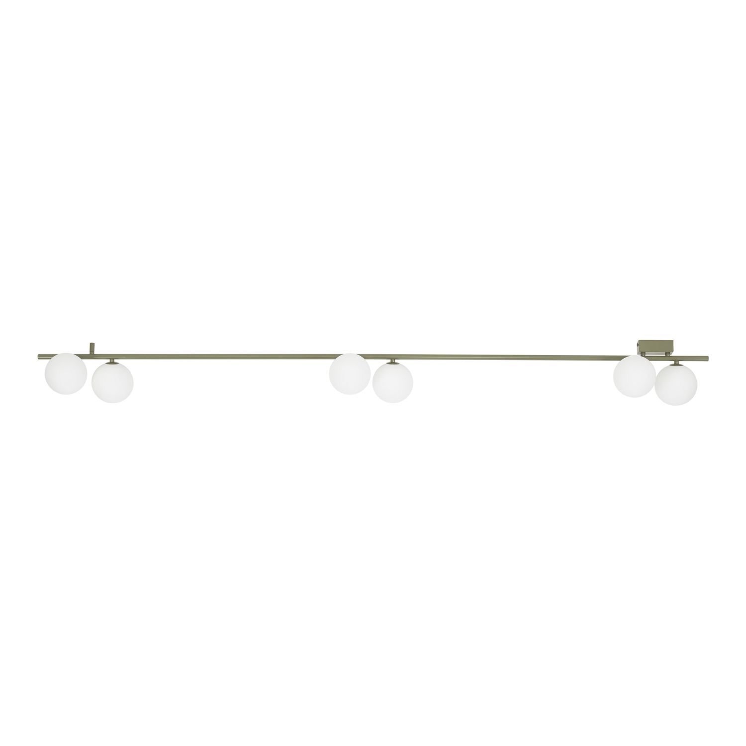 Lampa sufitowa z trzema białymi kulistymi kloszami zamontowanymi na długiej, prostej listwie. Konstrukcja ma nowoczesny wygląd i jednolity kolor.