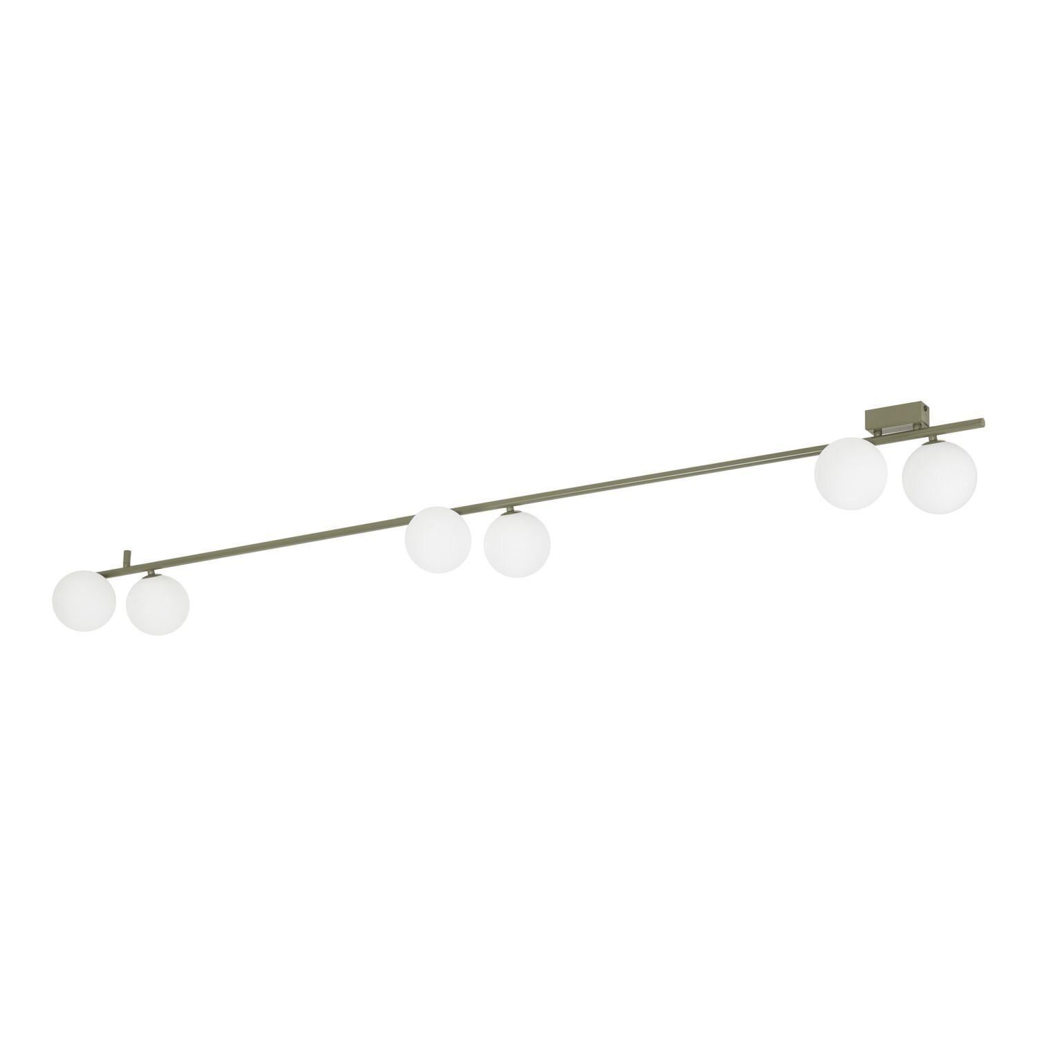 Lampa sufitowa z trzema białymi kulistymi kloszami zamontowanymi na długiej, prostej listwie. Konstrukcja jest nowoczesna i minimalistyczna.
