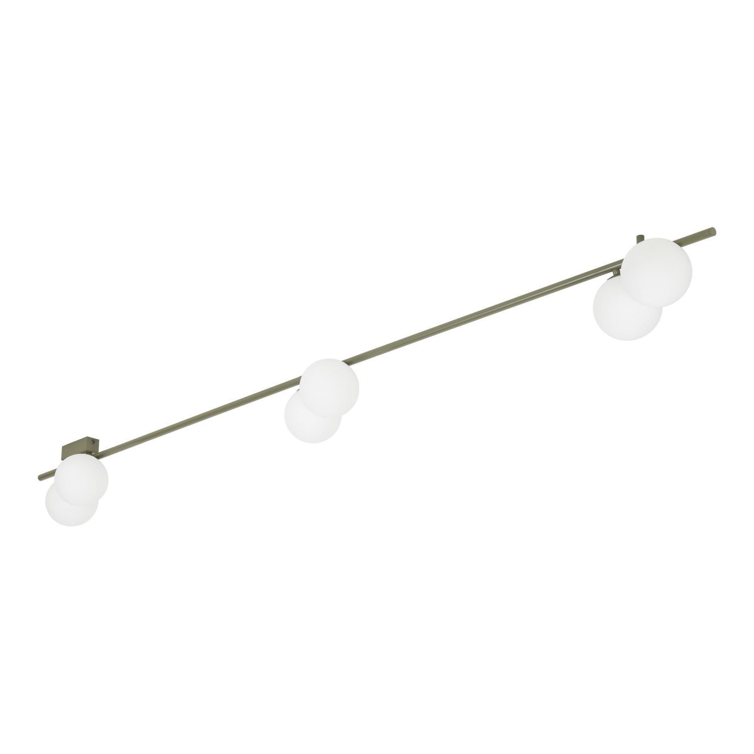 Lampa sufitowa z trzema białymi kulistymi kloszami umieszczonymi na metalowej listwie. Konstrukcja jest nowoczesna i minimalistyczna.