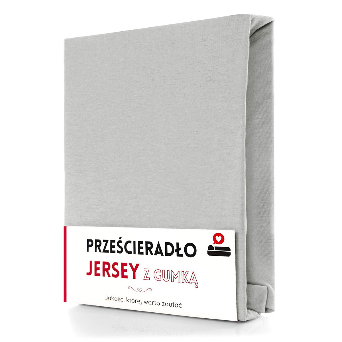 Na obrazie widoczne jest złożone, szare prześcieradło z gumką. Na opakowaniu znajduje się tekst: \'PRZEŚCIERADŁO JERSEY Z GUMKĄ Jakość, której warto zaufać\'.