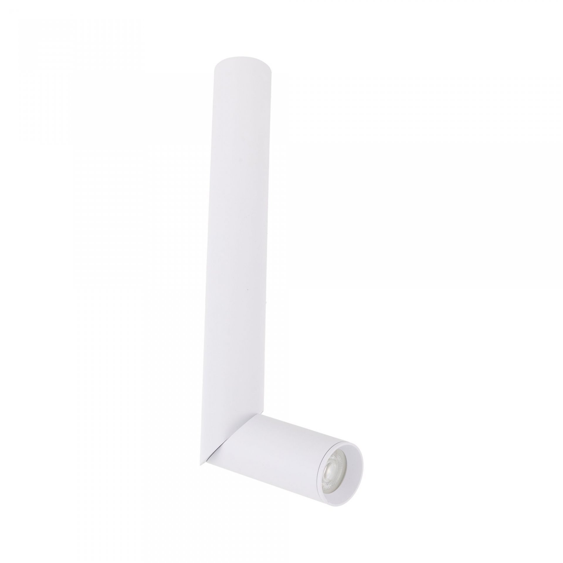 Biała lampa sufitowa w kształcie litery L z cylindrycznym reflektorem punktowym na końcu. Produkt ma minimalistyczny design i jednolitą kolorystykę.