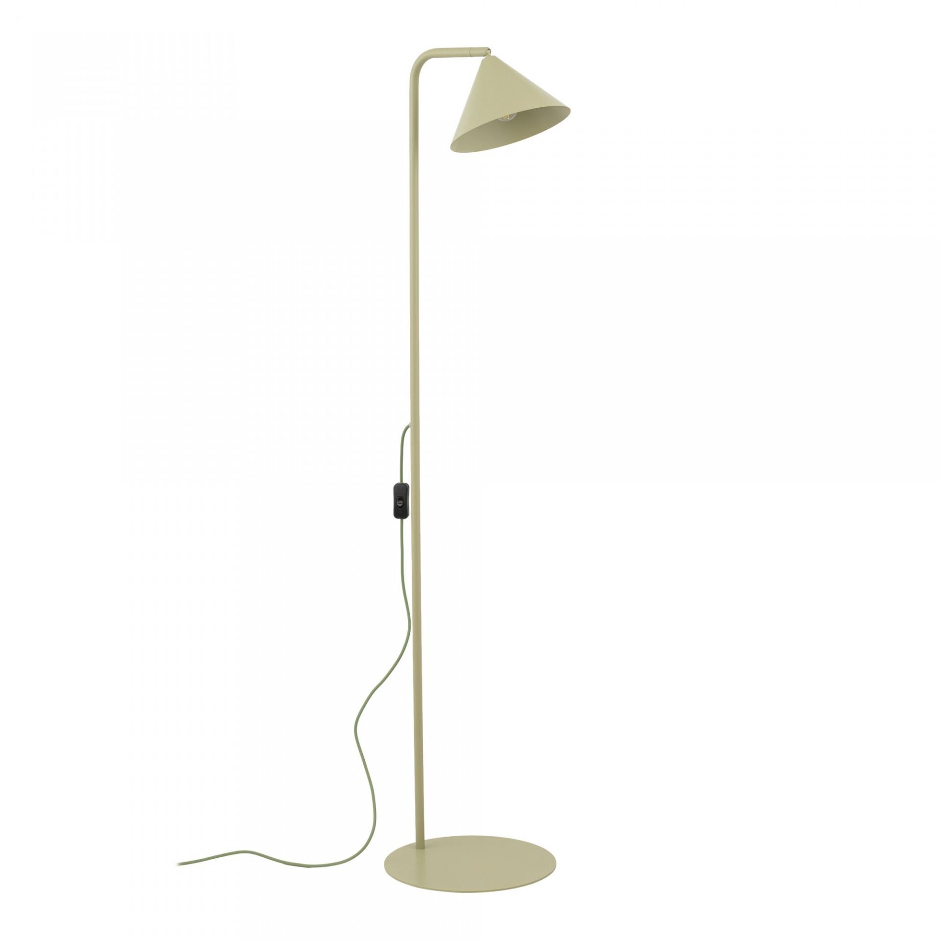 Lampa podłogowa w kolorze pistacjowym z prostym, smukłym stelażem i stożkowym kloszem. Posiada przewód z włącznikiem umieszczonym na kablu.