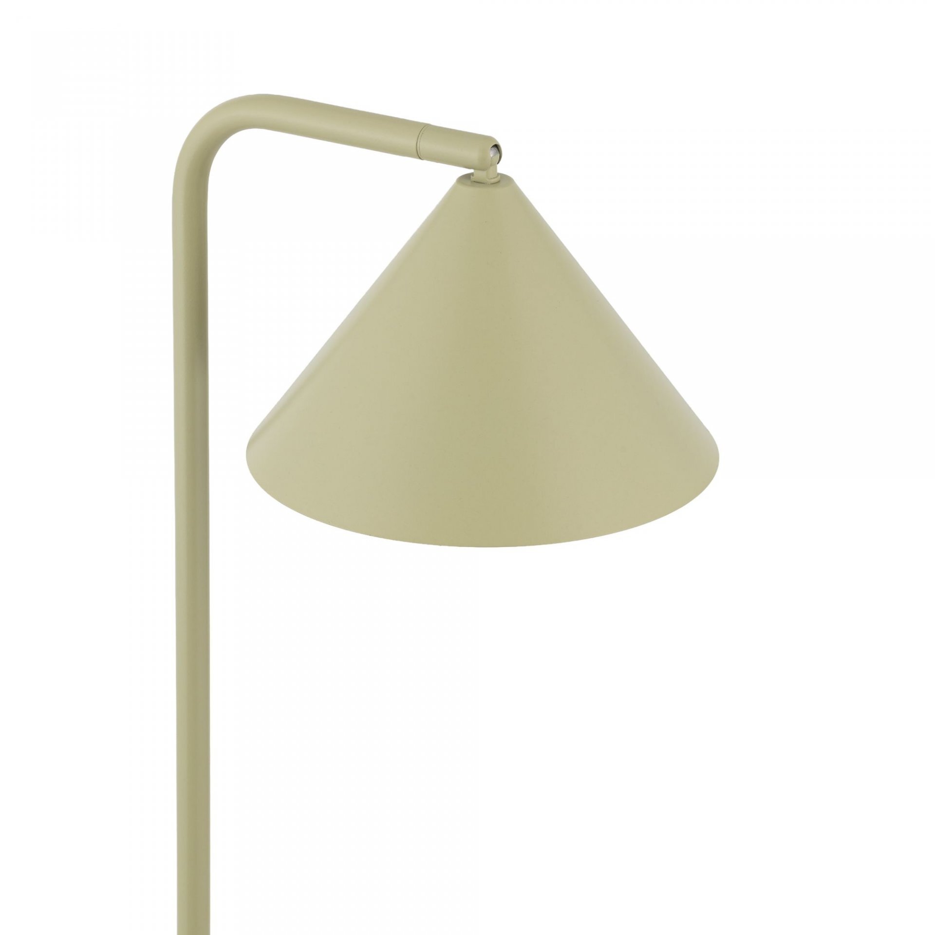 Lampa podłogowa w kolorze pistacjowym z kloszem w kształcie stożka. Konstrukcja jest nowoczesna i minimalistyczna.
