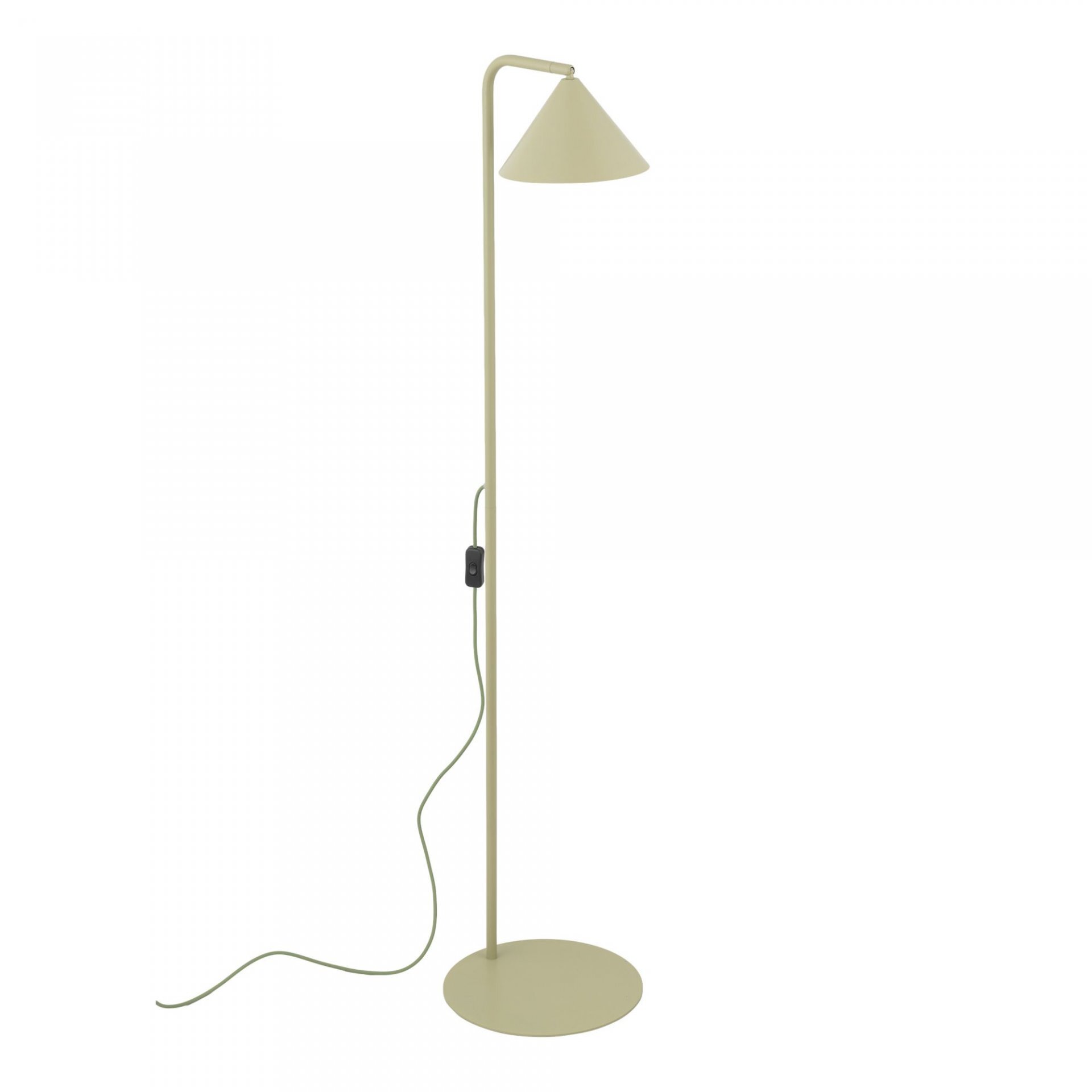 Lampa podłogowa w kolorze pistacjowym z prostym, nowoczesnym designem, posiada stożkowy klosz i okrągłą podstawę. Kabel z włącznikiem jest widoczny na stojaku lampy.
