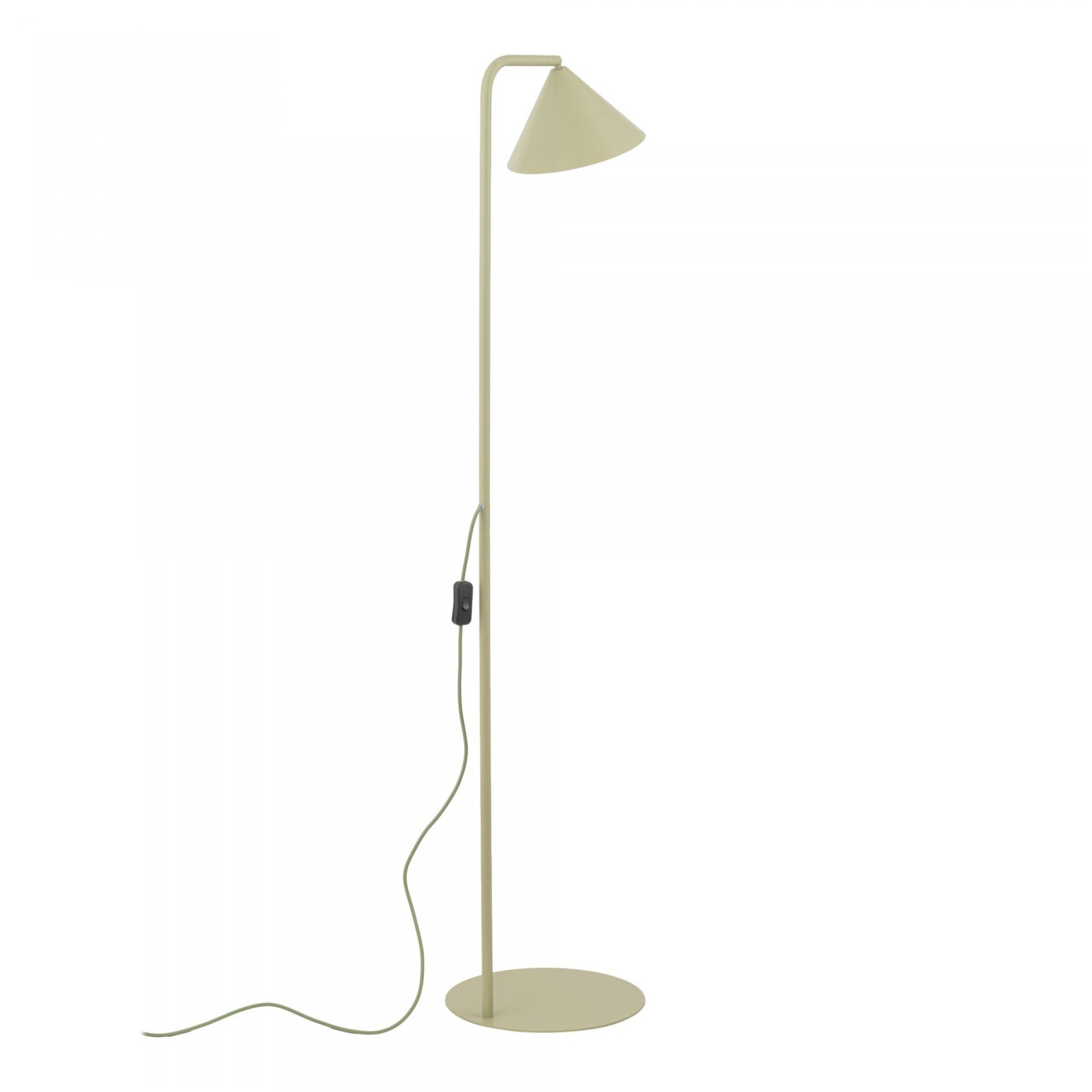 Lampa podłogowa w kolorze pistacjowym z prostym, smukłym trzonem i stożkowym kloszem. Posiada przewód z włącznikiem umieszczonym na kablu.