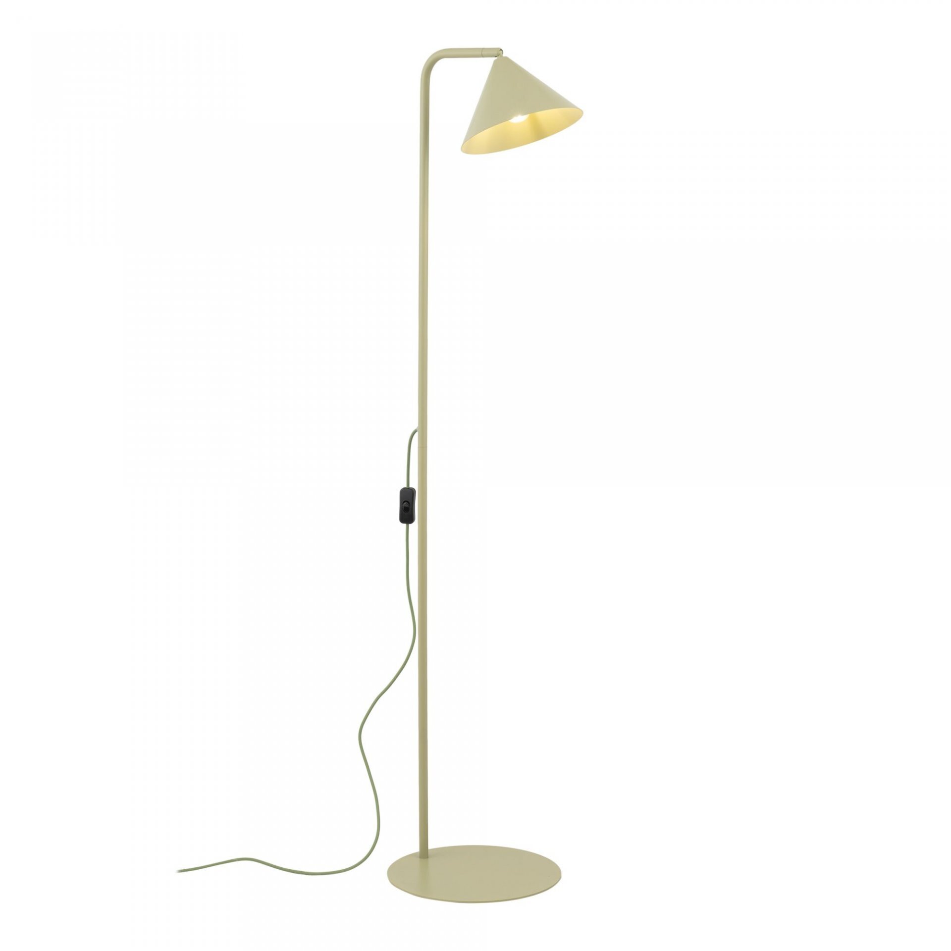 Lampa podłogowa w kolorze pistacjowym z prostym, nowoczesnym designem. Posiada stożkowy klosz i okrągłą podstawę.