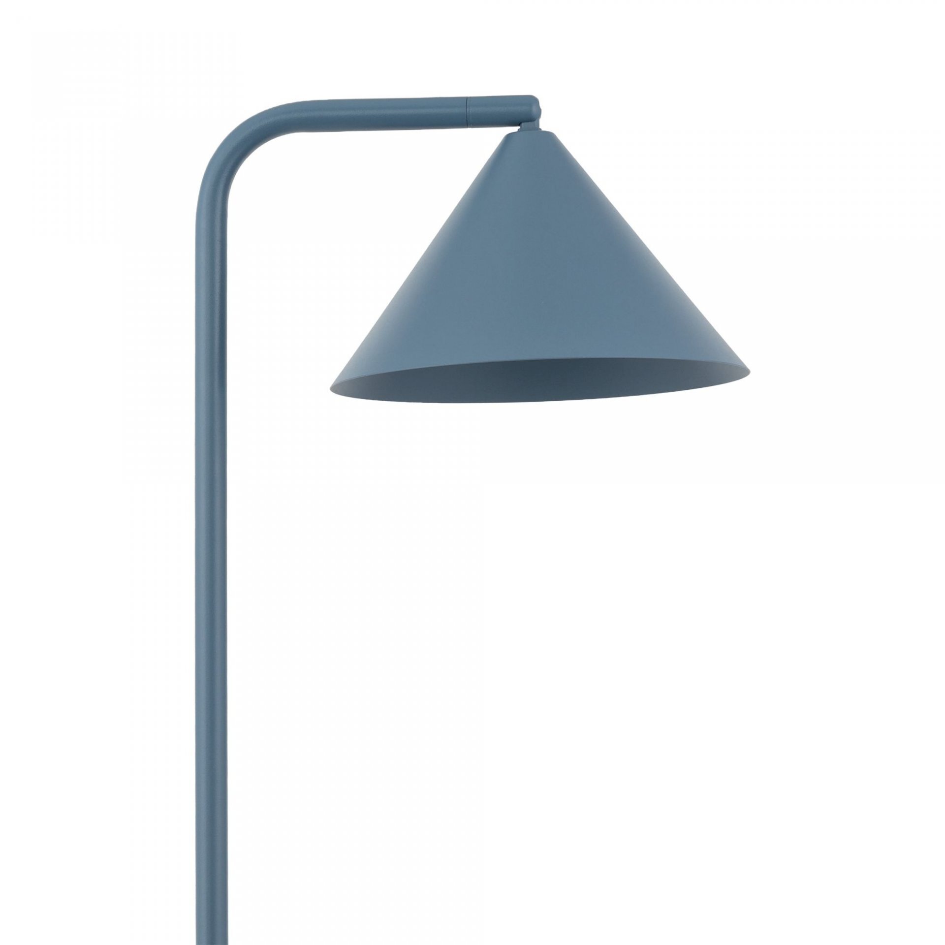 Lampa podłogowa w kolorze niebieskim z kloszem w kształcie stożka. Konstrukcja jest nowoczesna i elegancka.