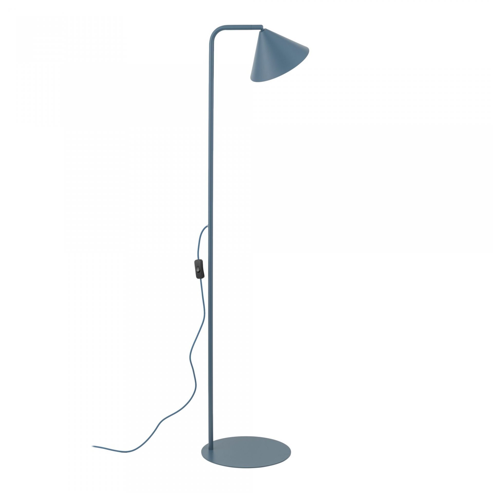 Lampa podłogowa w kolorze granatowym z prostym, smukłym stelażem i stożkowym kloszem. Posiada przewód z włącznikiem umieszczonym na kablu.