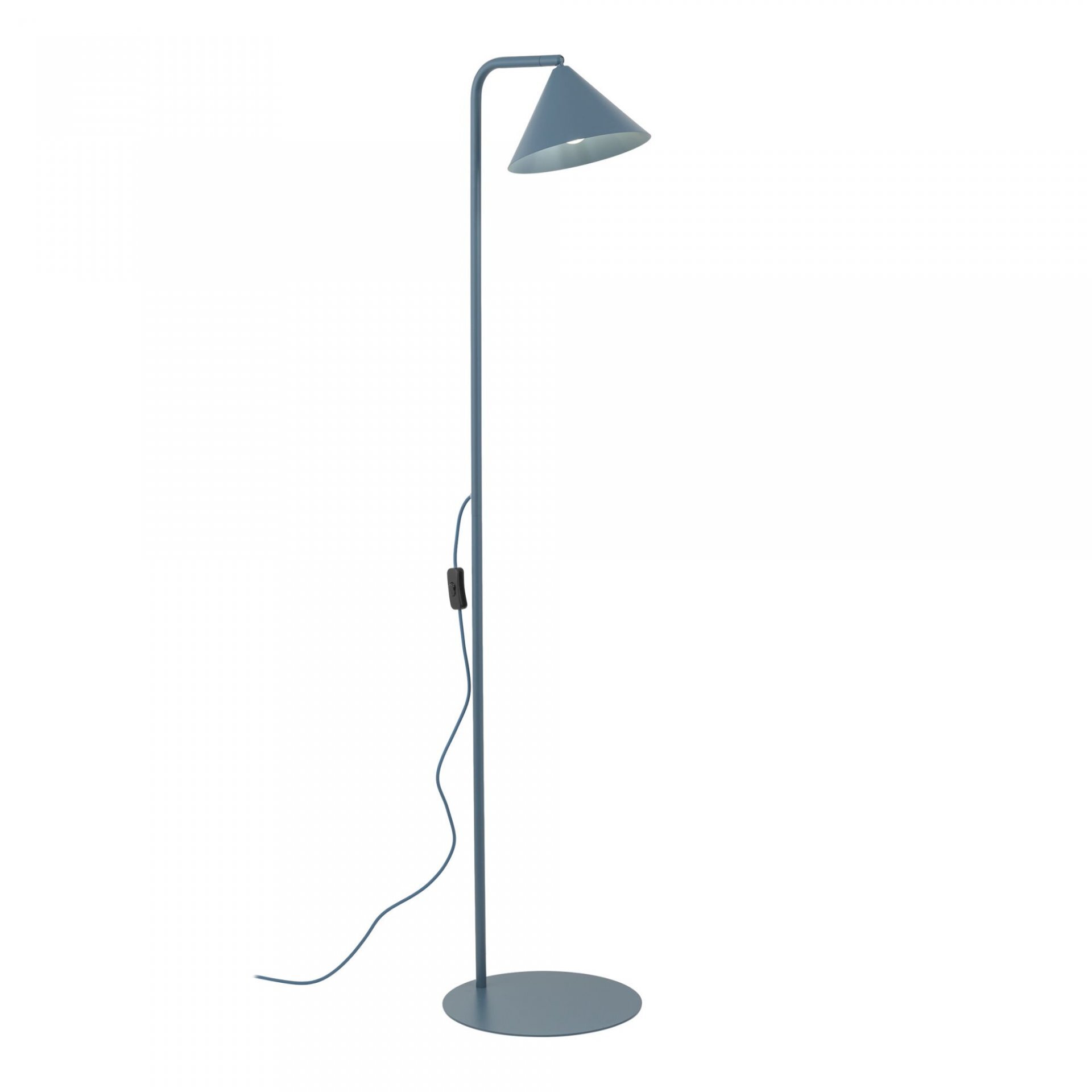Lampa podłogowa w kolorze niebieskim z prostym, smukłym stelażem i stożkowym kloszem. Posiada przewód z włącznikiem umieszczonym na kablu.