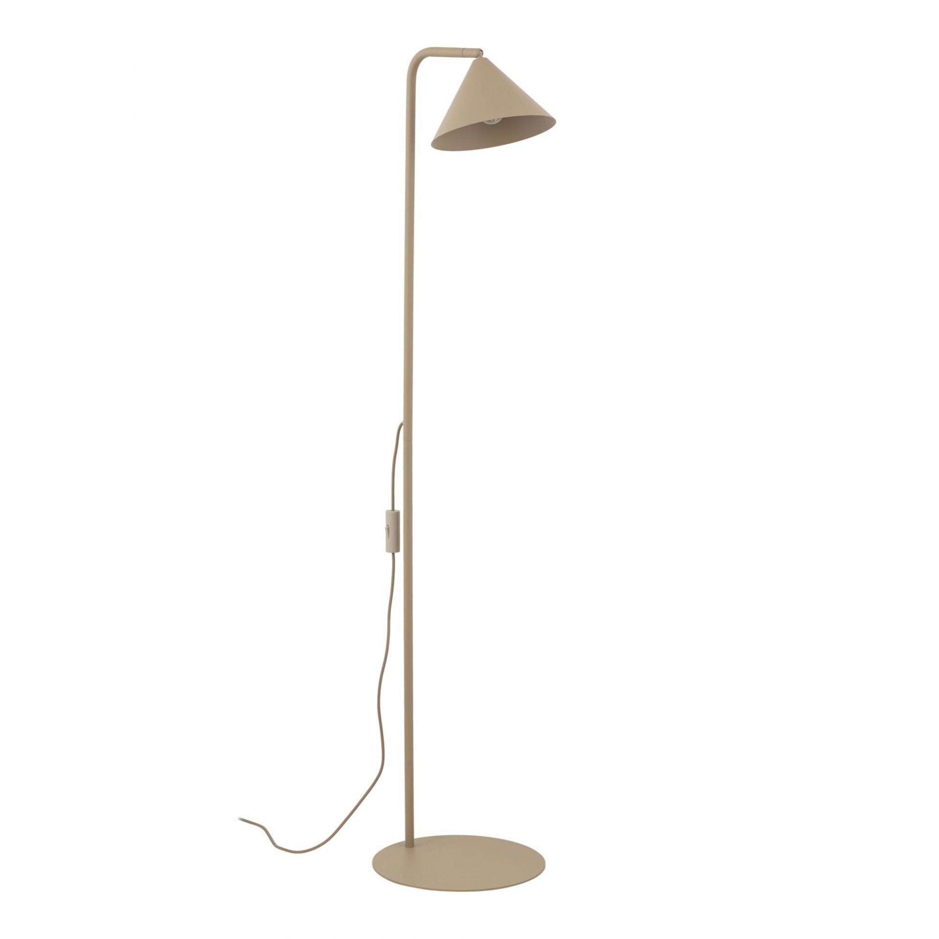 Lampa podłogowa w kolorze beżowym z prostym, smukłym trzonem i stożkowym kloszem. Posiada okrągłą podstawę i przewód z włącznikiem.