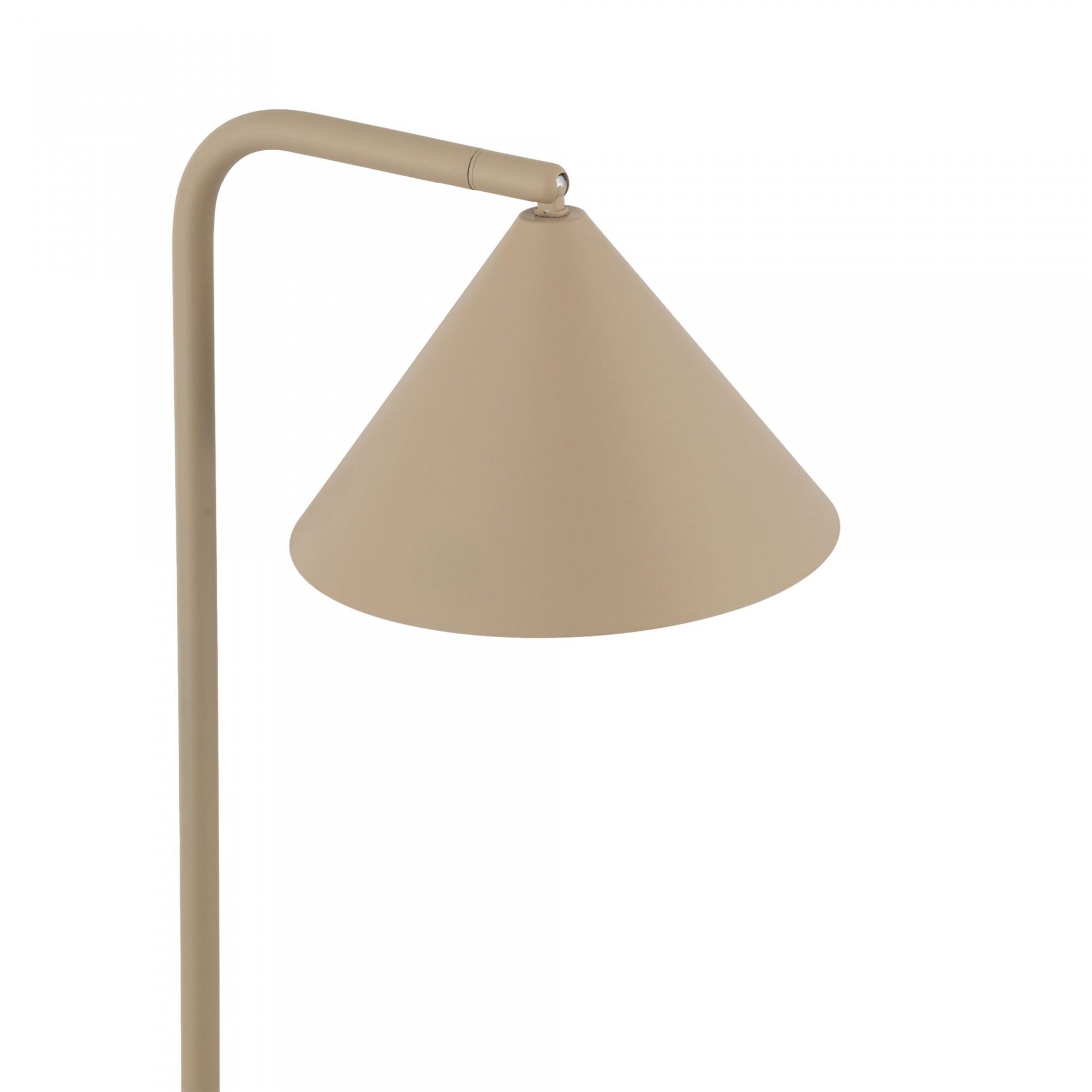 Lampa podłogowa w kolorze beżowym z kloszem w kształcie stożka. Konstrukcja jest prosta i nowoczesna.