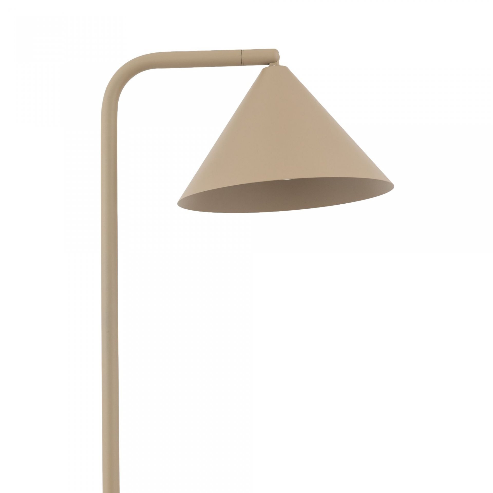 Lampa podłogowa w kolorze beżowym z kloszem w kształcie stożka. Konstrukcja jest prosta i nowoczesna.