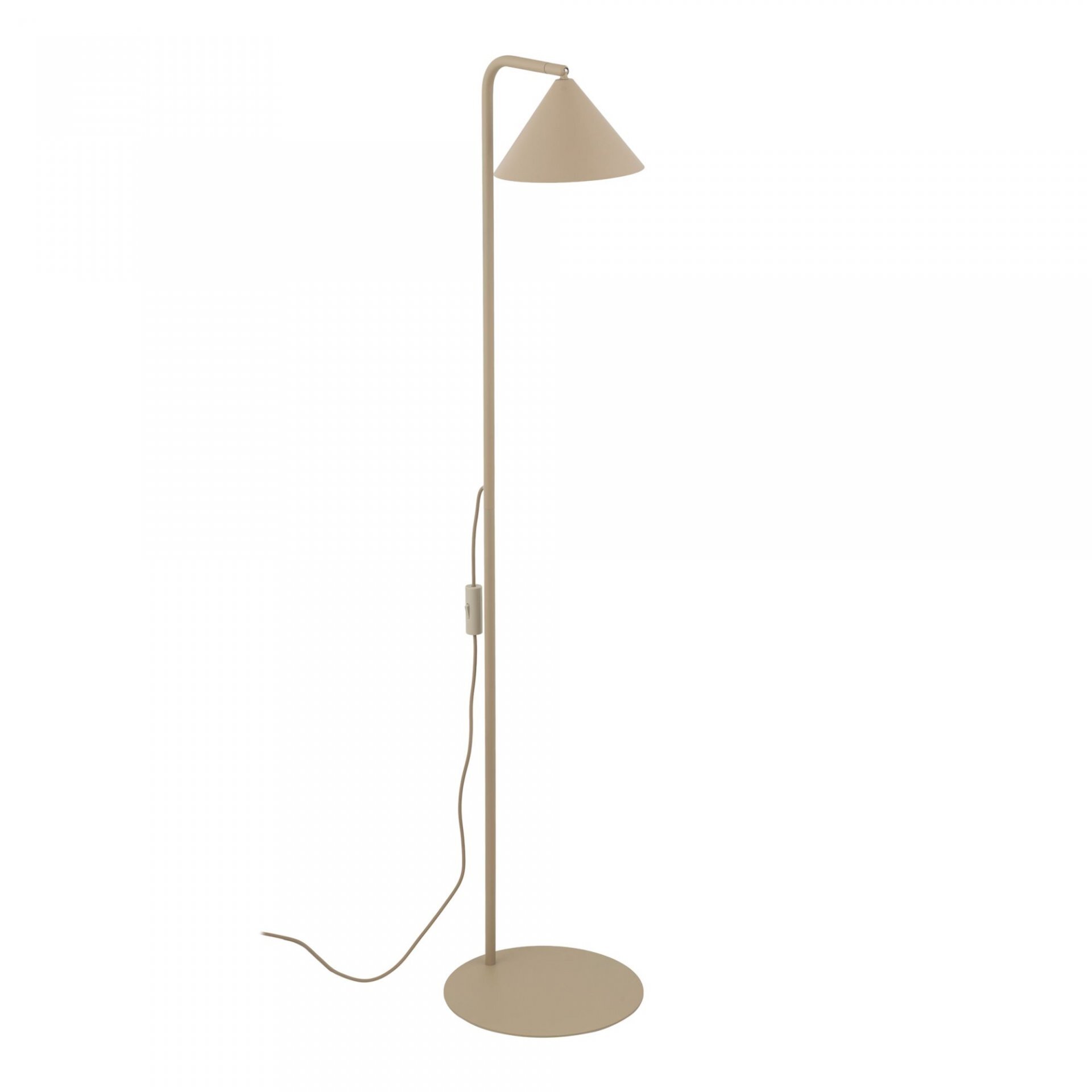 Lampa podłogowa w kolorze beżowym z prostym, smukłym trzonem i stożkowym kloszem. Posiada okrągłą podstawę i przewód z włącznikiem.