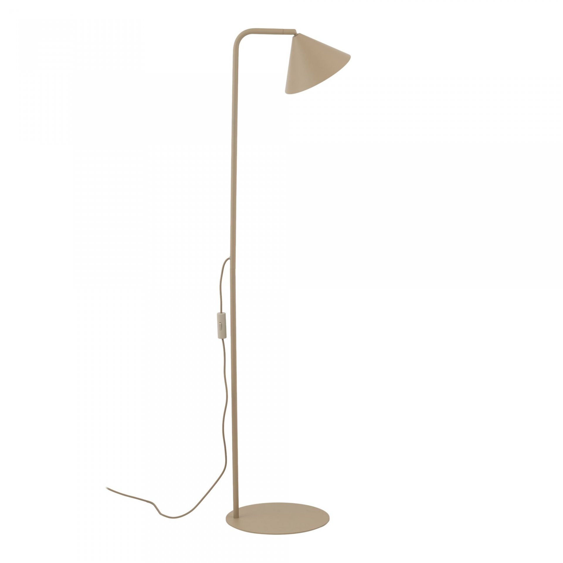 Lampa podłogowa w kolorze beżowym z prostym, smukłym stelażem i stożkowym kloszem. Posiada przewód z włącznikiem umieszczonym na kablu.