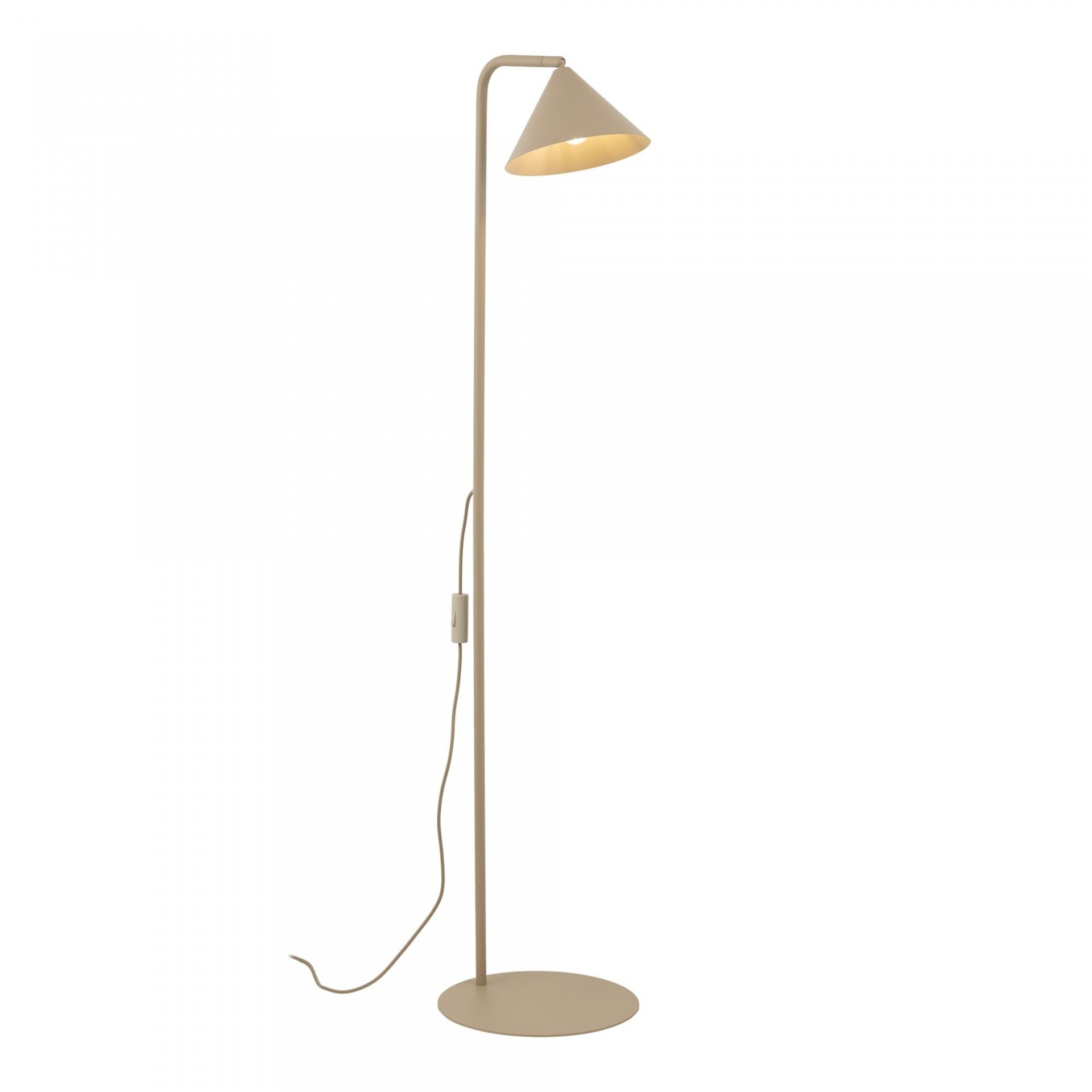 Lampa podłogowa o nowoczesnym designie z metalowym stelażem i stożkowym kloszem w jasnym kolorze. Posiada przewód z włącznikiem umieszczonym na wysokości stelaża.