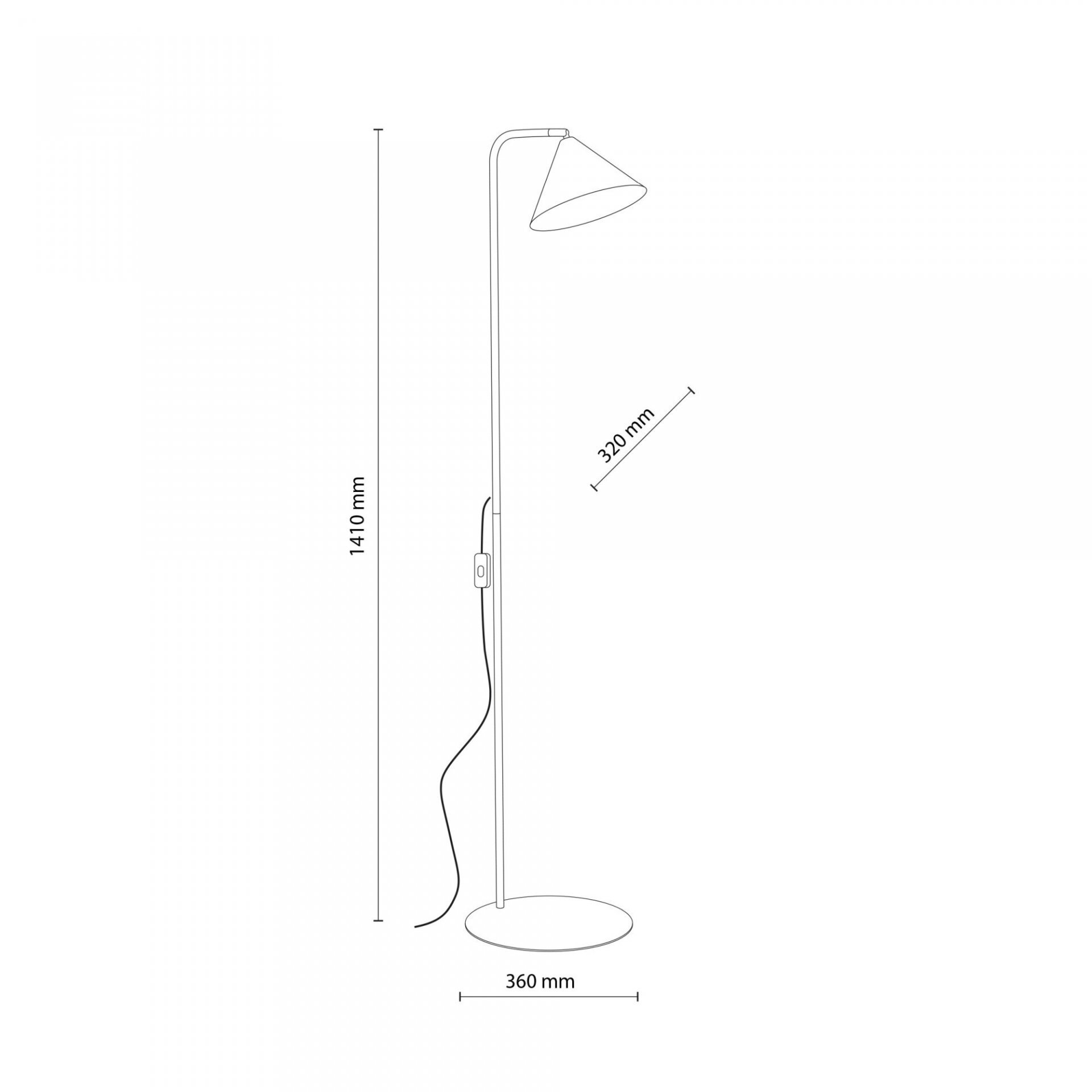 Schematyczny rysunek lampy podłogowej z wymiarami: wysokość 1410 mm, szerokość podstawy 360 mm, szerokość klosza 320 mm. Lampa ma prosty, nowoczesny design z okrągłą podstawą i stożkowym kloszem.
