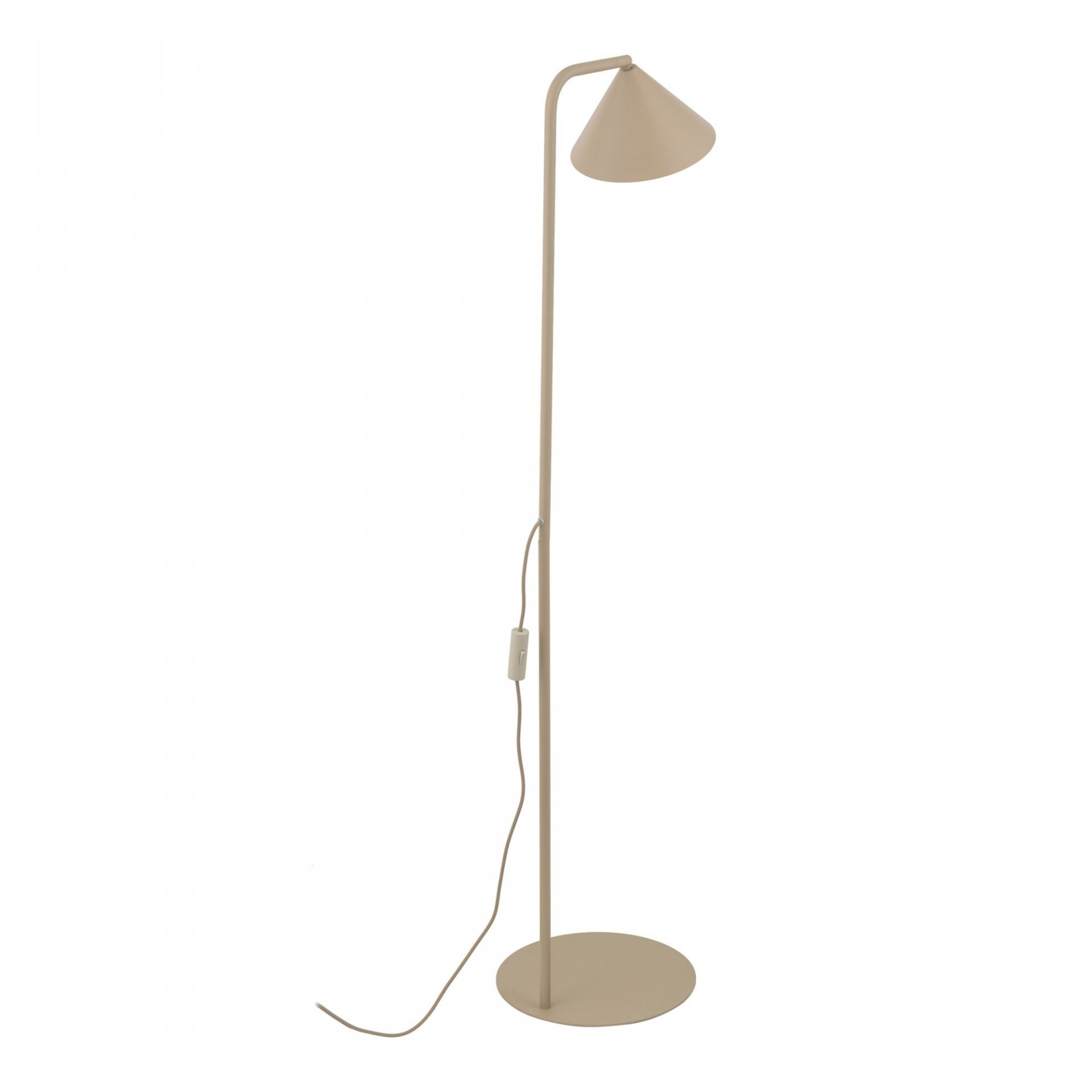 Lampa podłogowa w kolorze beżowym z prostym, smukłym trzonem i stożkowym kloszem. Posiada przewód z włącznikiem umieszczonym na kablu.