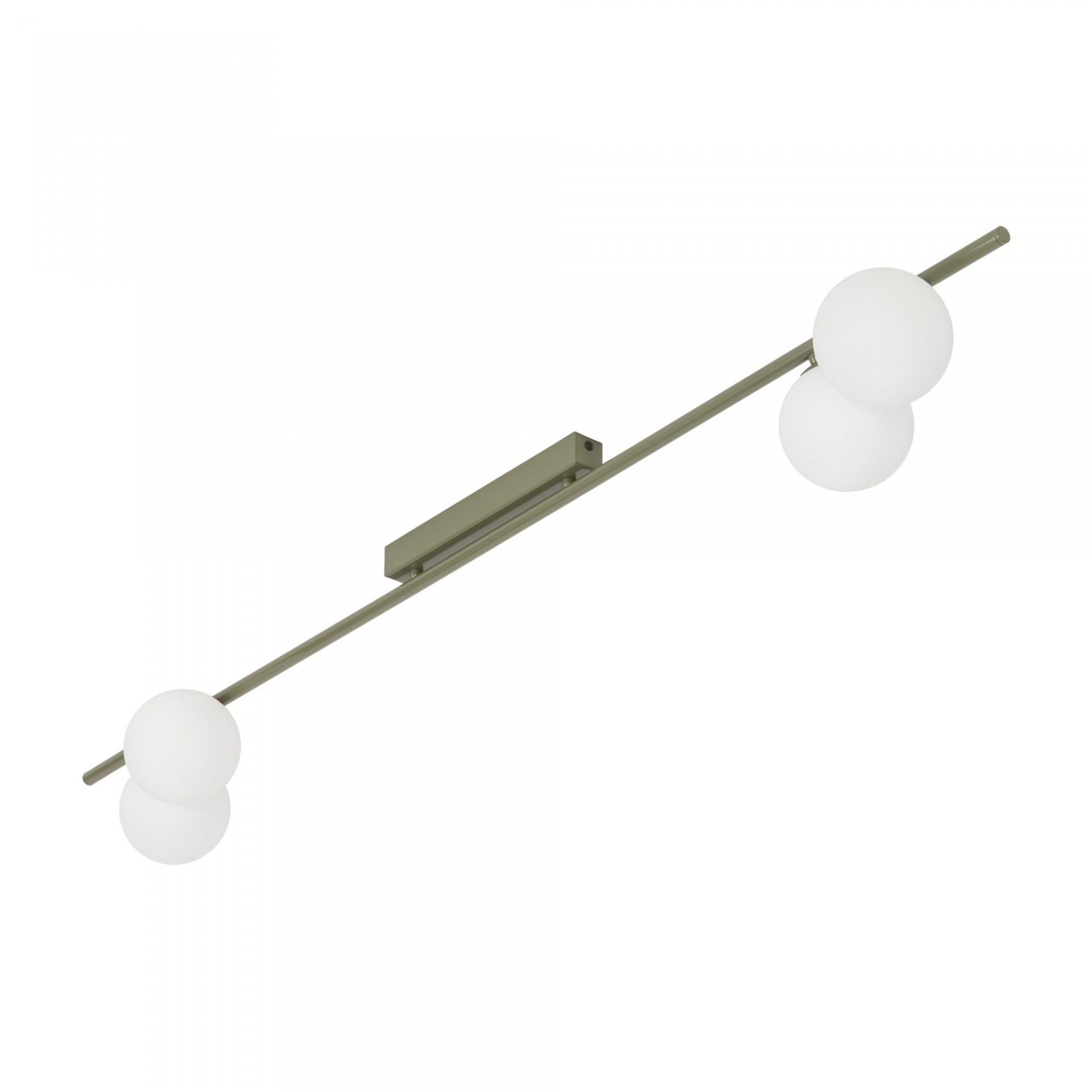 Lampa sufitowa z dwoma białymi kulistymi kloszami zamontowanymi na metalowej listwie w kolorze oliwkowym.
