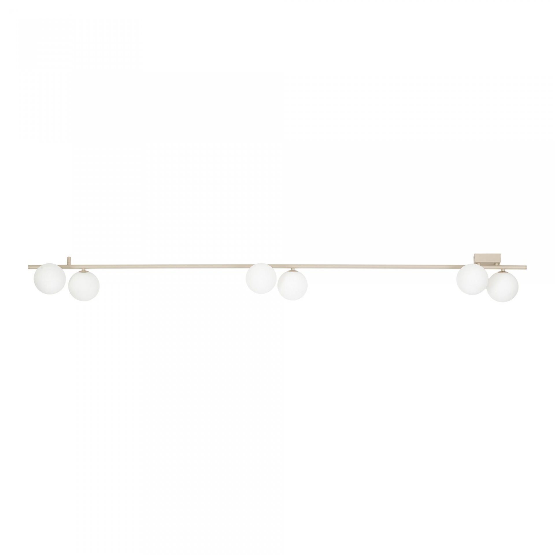 Lampa sufitowa z pięcioma białymi kulistymi kloszami umieszczonymi na długiej, prostej listwie w kolorze kaszmiru. Nowoczesny design, odpowiedni do salonu i sypialni.