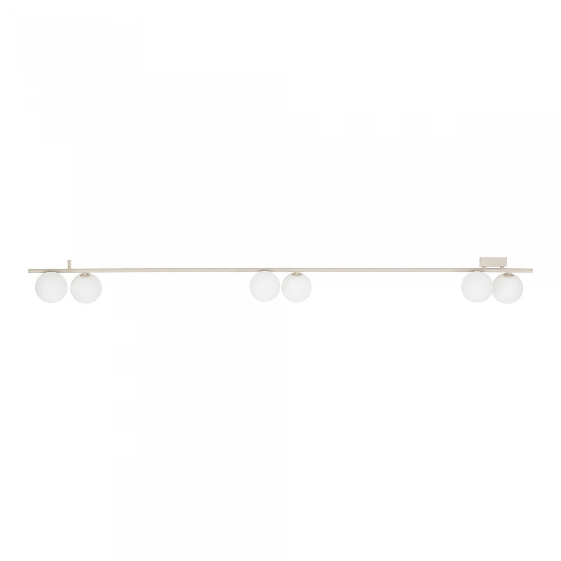 Lampa sufitowa z czterema białymi kulistymi kloszami zamontowanymi na prostej listwie w kolorze kaszmiru. Nowoczesny design odpowiedni do salonu i sypialni.