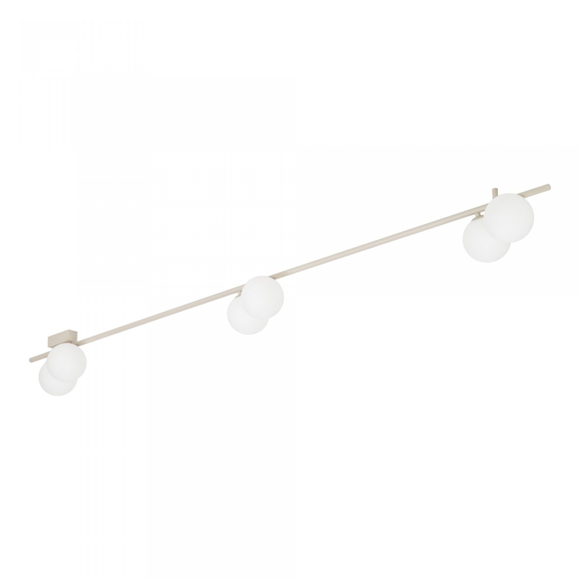 Lampa sufitowa z czterema białymi kulistymi kloszami umieszczonymi na prostej listwie w kolorze kaszmiru. Nowoczesny design odpowiedni do salonu i sypialni.