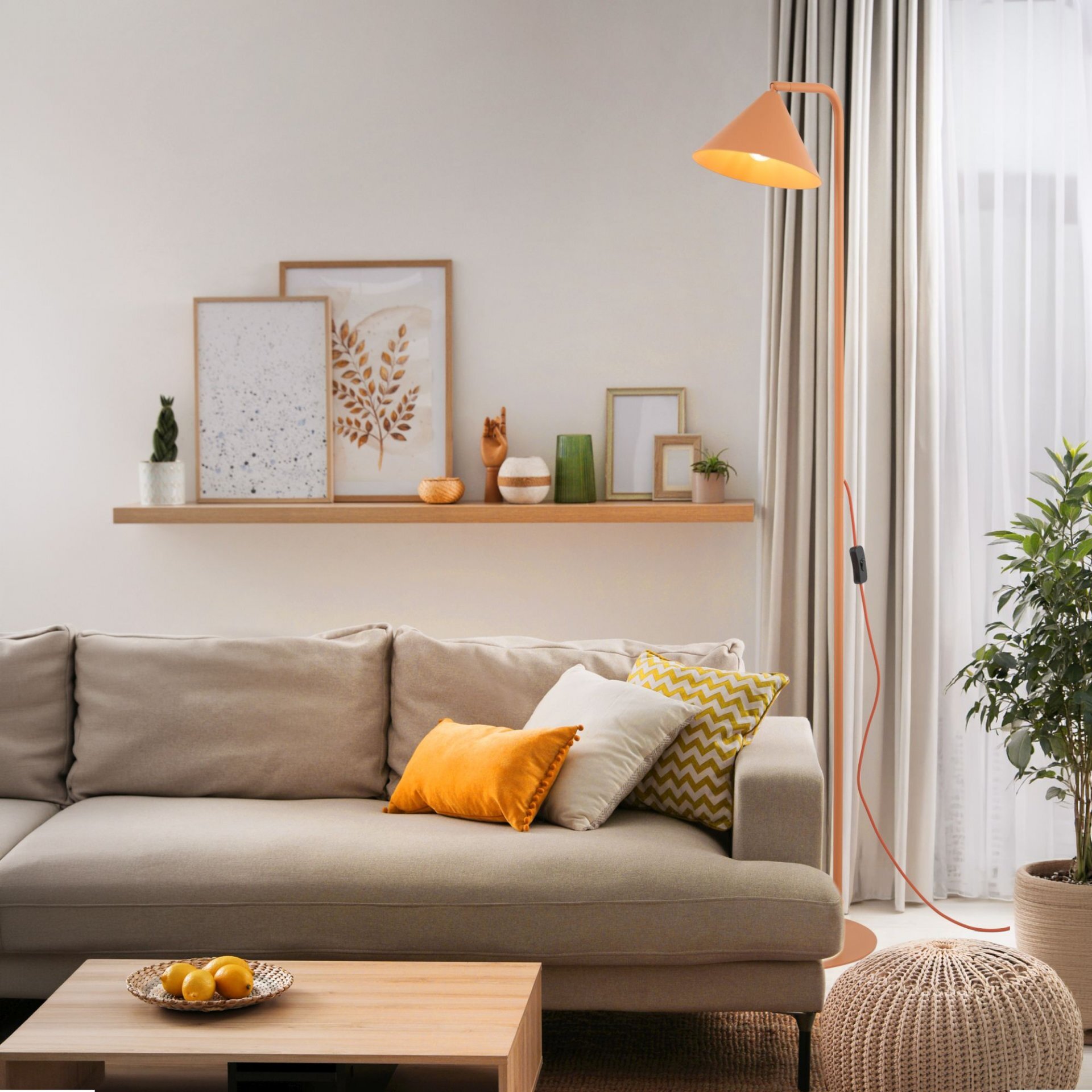 W jasnym salonie znajduje się beżowa sofa z kolorowymi poduszkami, a obok niej stoi nowoczesna lampa podłogowa w kolorze łososiowym. Na półce nad sofą ustawione są dekoracje i obrazy, a w rogu pokoju stoi roślina w doniczce.