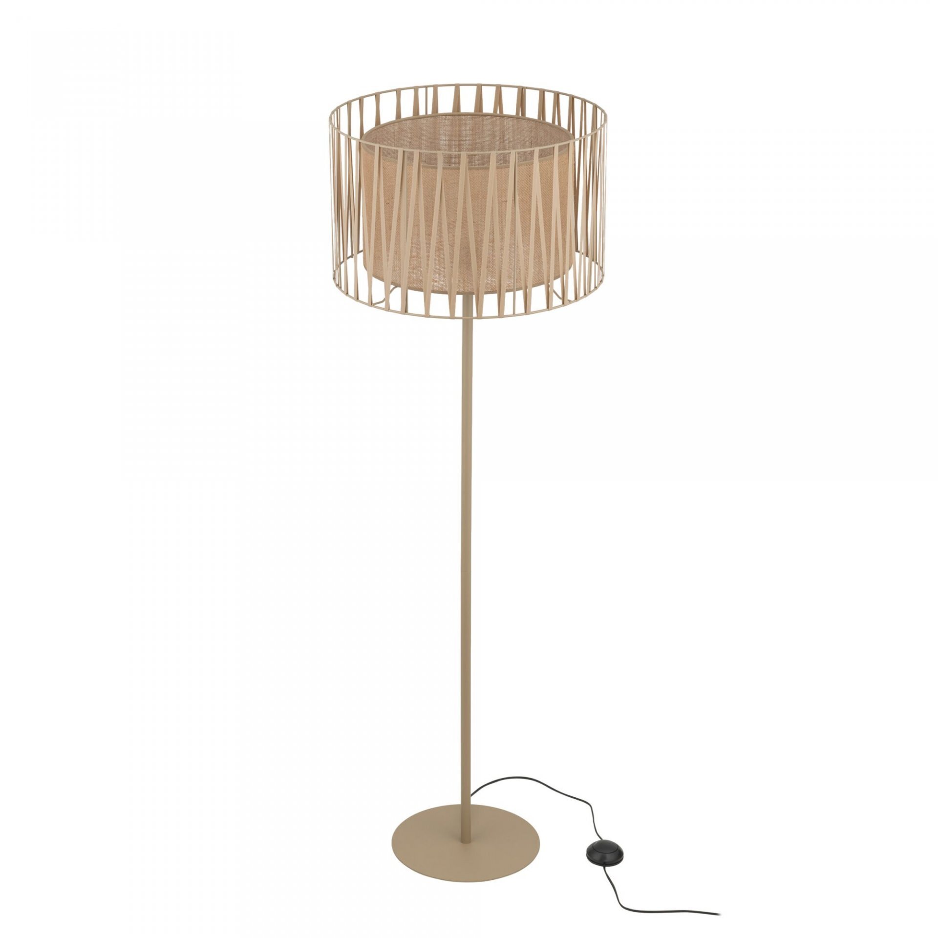Lampa podłogowa z okrągłym abażurem w naturalnym kolorze, osadzona na smukłej, metalowej podstawie. Posiada przewód z włącznikiem nożnym.