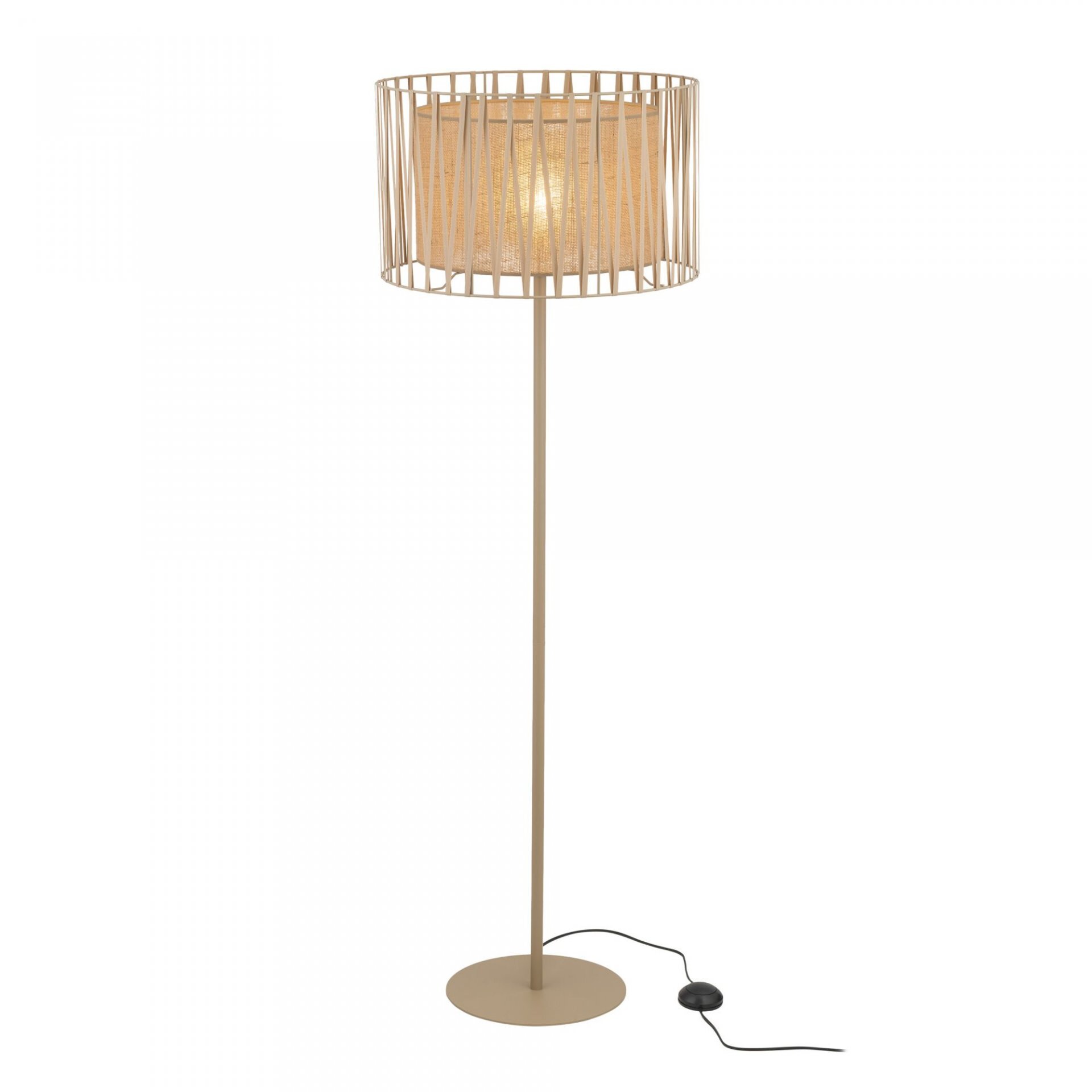 Lampa podłogowa z okrągłym abażurem w naturalnym kolorze, osadzona na prostym, metalowym stojaku. Posiada przewód z włącznikiem nożnym.