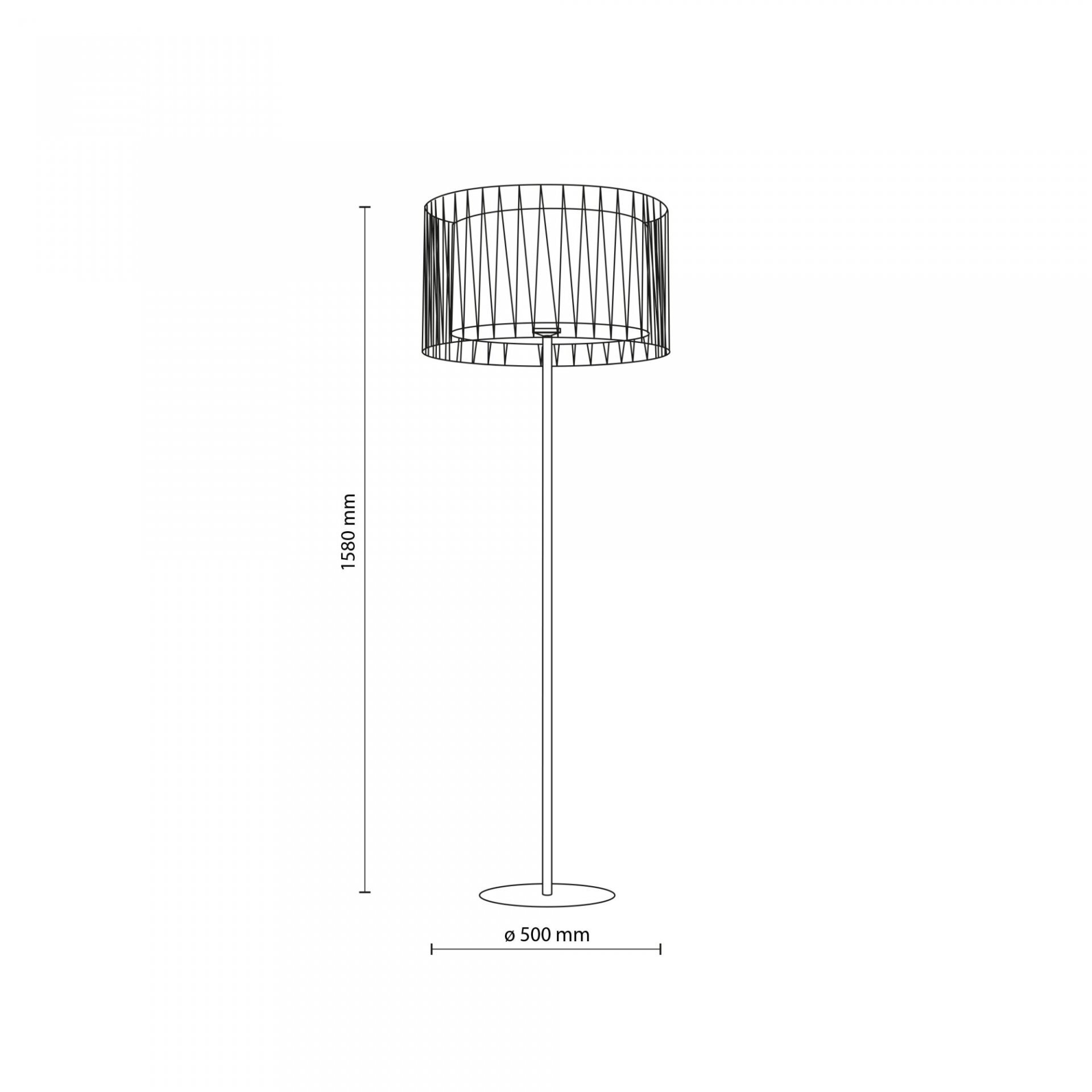 Schematyczny rysunek lampy podłogowej z cylindrycznym kloszem i prostą podstawą. Wymiary: wysokość 1580 mm, średnica klosza 500 mm.