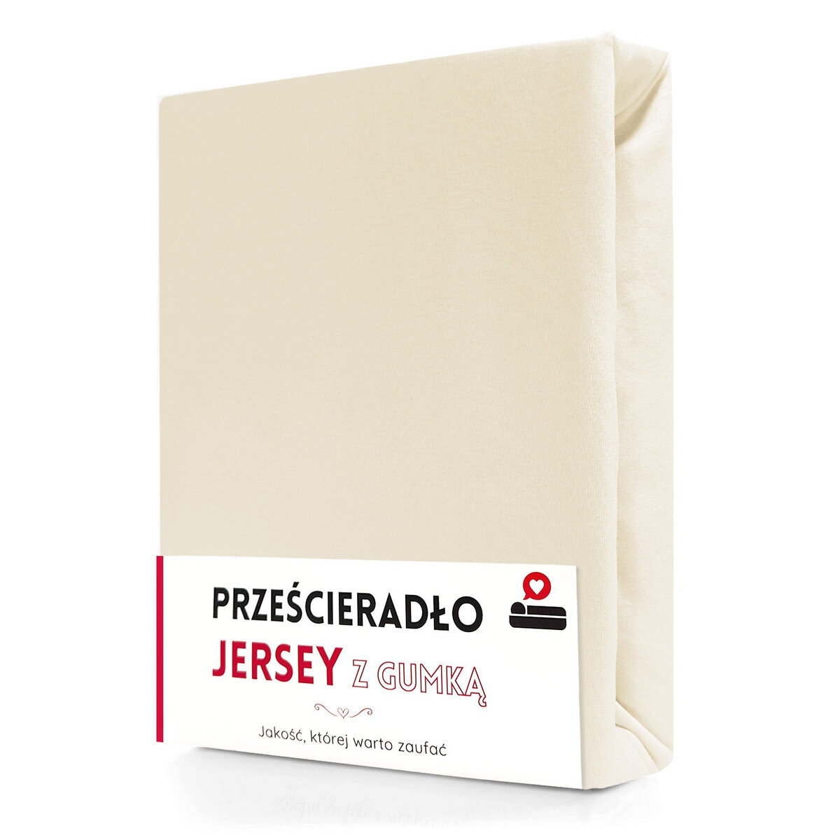 Zdjęcie przedstawia złożone prześcieradło w kolorze beżowym z etykietą. Na etykiecie widnieje napis: \'PRZEŚCIERADŁO JERSEY Z GUMKĄ Jakość, której warto zaufać\'.
