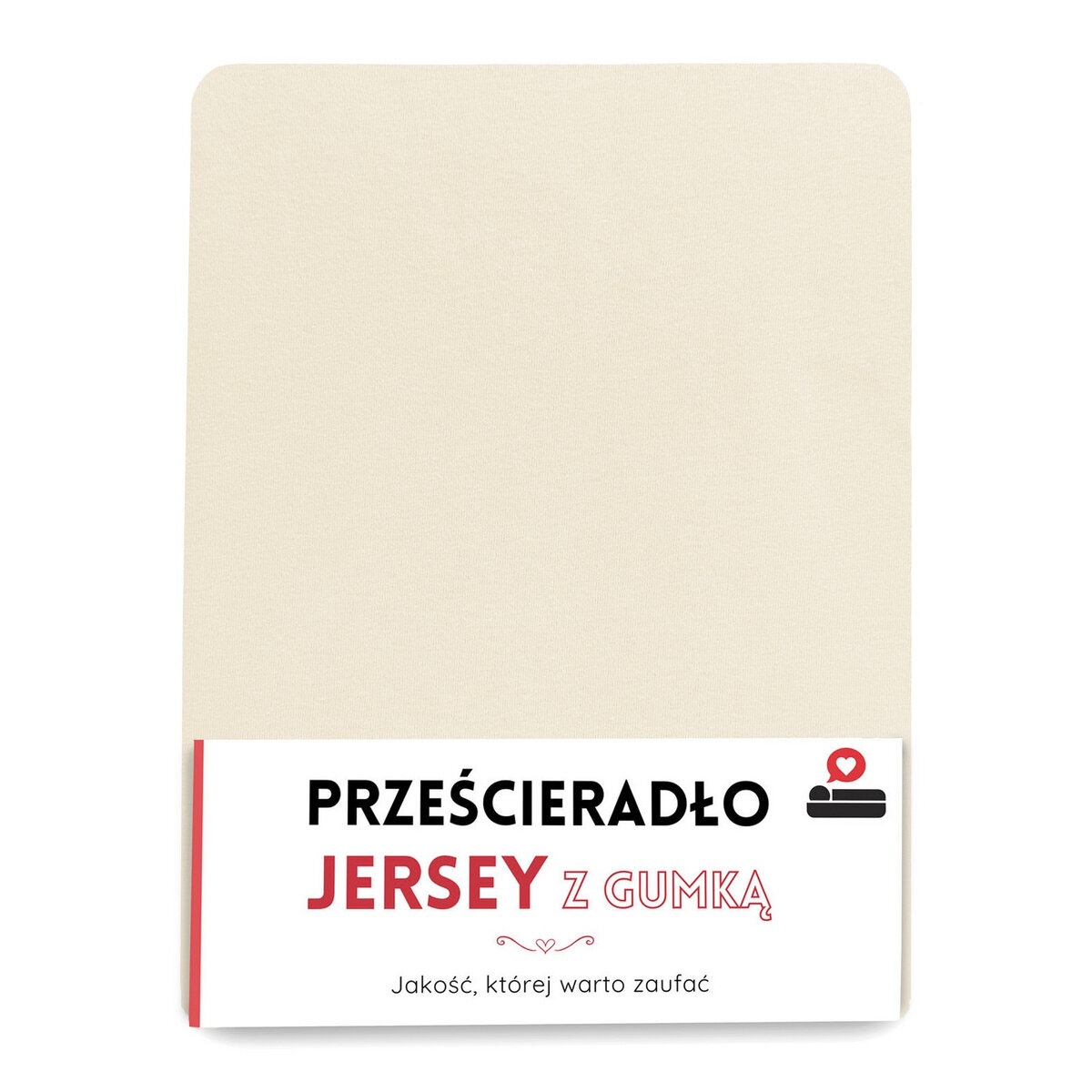 Obraz przedstawia beżowe prześcieradło z gumką. Na dole widoczny jest napis: \'PRZEŚCIERADŁO JERSEY Z GUMKĄ Jakość, której warto zaufać\'.