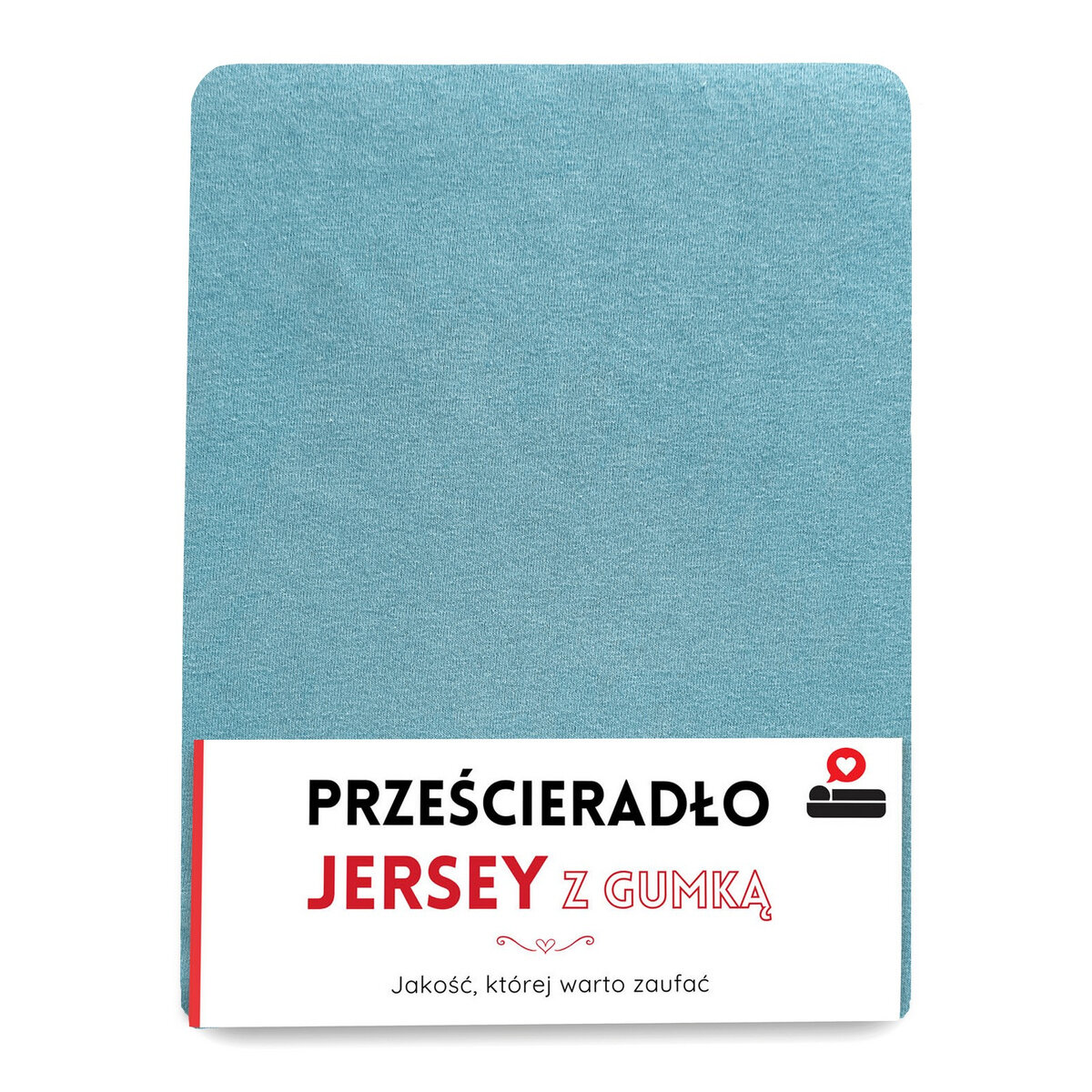 Obraz przedstawia niebieskie prześcieradło z gumką. Na opakowaniu widnieje tekst: \'PRZEŚCIERADŁO JERSEY Z GUMKĄ Jakość, której warto zaufać\'.