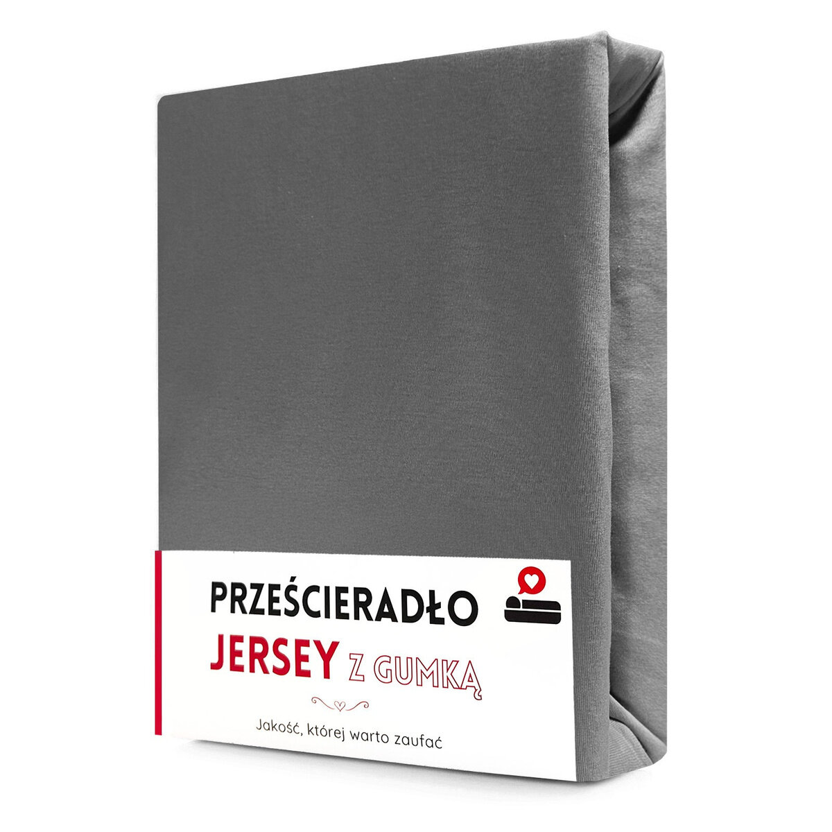 Szare prześcieradło z gumką zapakowane w prostokątne opakowanie. Na opakowaniu widnieje tekst: \'PRZEŚCIERADŁO JERSEY Z GUMKĄ Jakość, której warto zaufać\'.