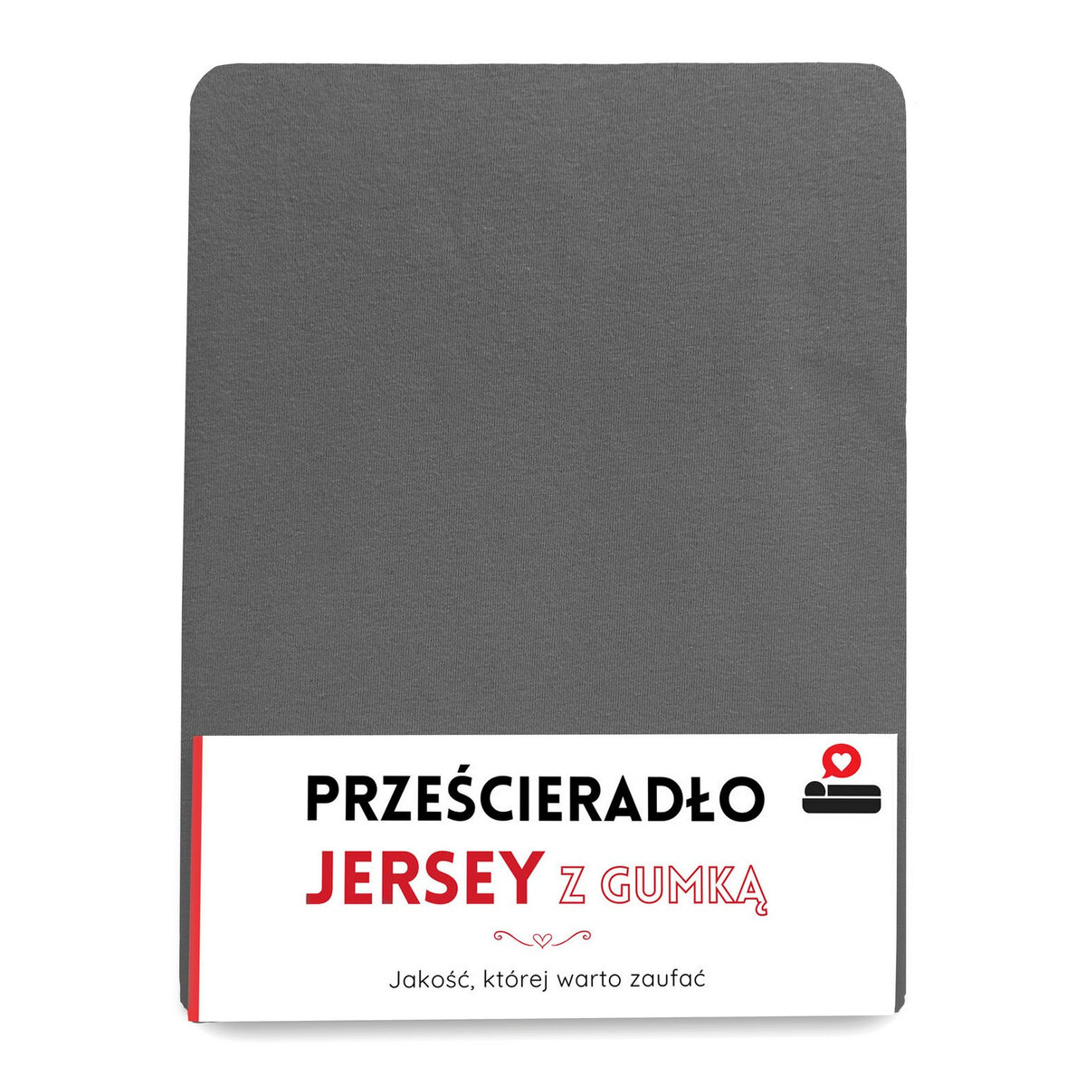 Szare prześcieradło z gumką, zapakowane w opakowanie z napisem \'PRZEŚCIERADŁO JERSEY Z GUMKĄ\'. Na dole opakowania widnieje tekst \'Jakość, której warto zaufać\'.