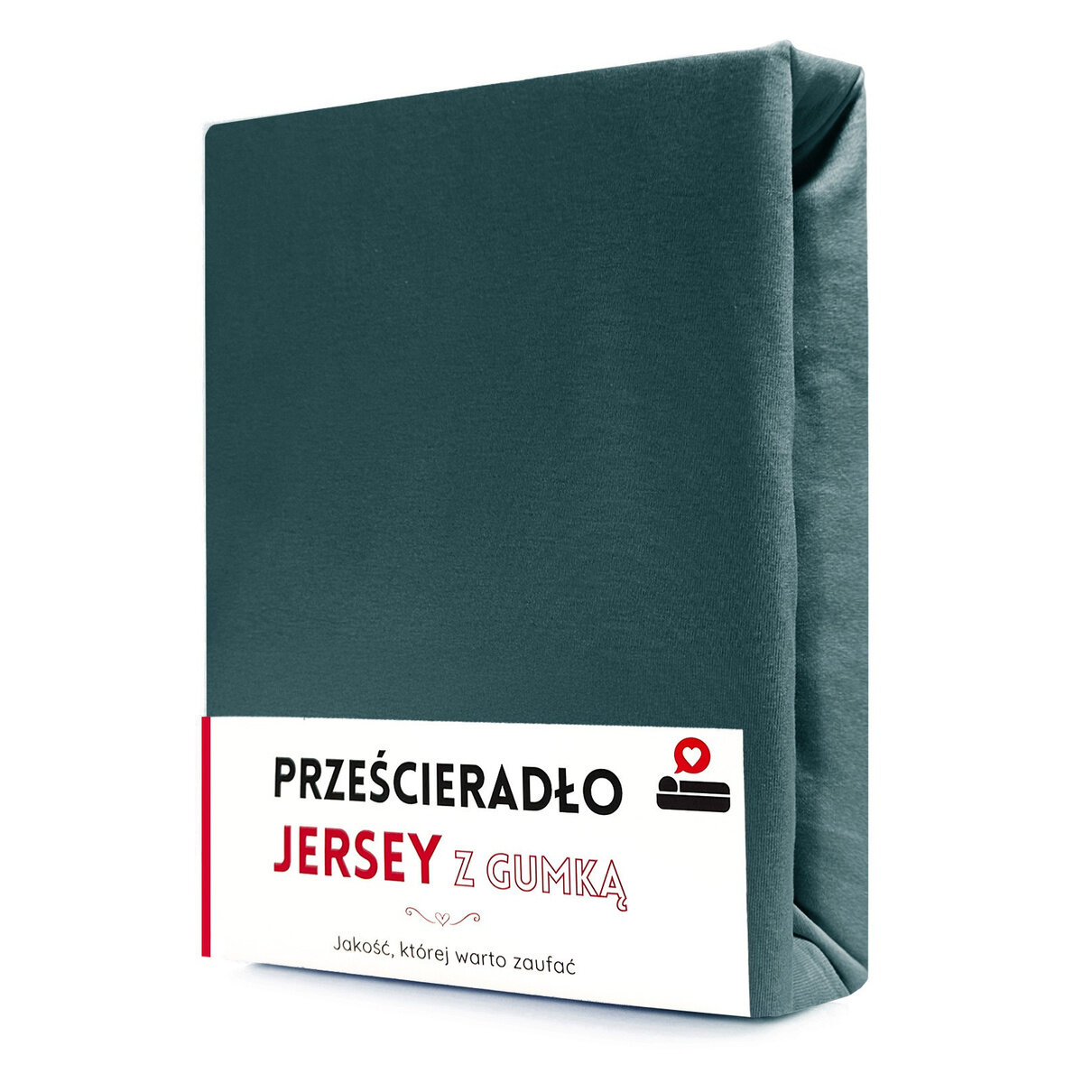 Zdjęcie przedstawia złożone prześcieradło w kolorze ciemnozielonym. Na opakowaniu widnieje tekst: \'PRZEŚCIERADŁO JERSEY Z GUMKĄ Jakość, której warto zaufać\'.