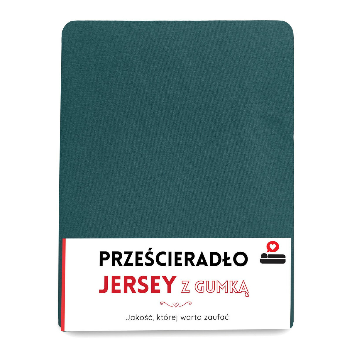 Obraz przedstawia zielone prześcieradło z gumką. Na etykiecie widnieje napis: \'PRZEŚCIERADŁO JERSEY Z GUMKĄ Jakość, której warto zaufać\'.