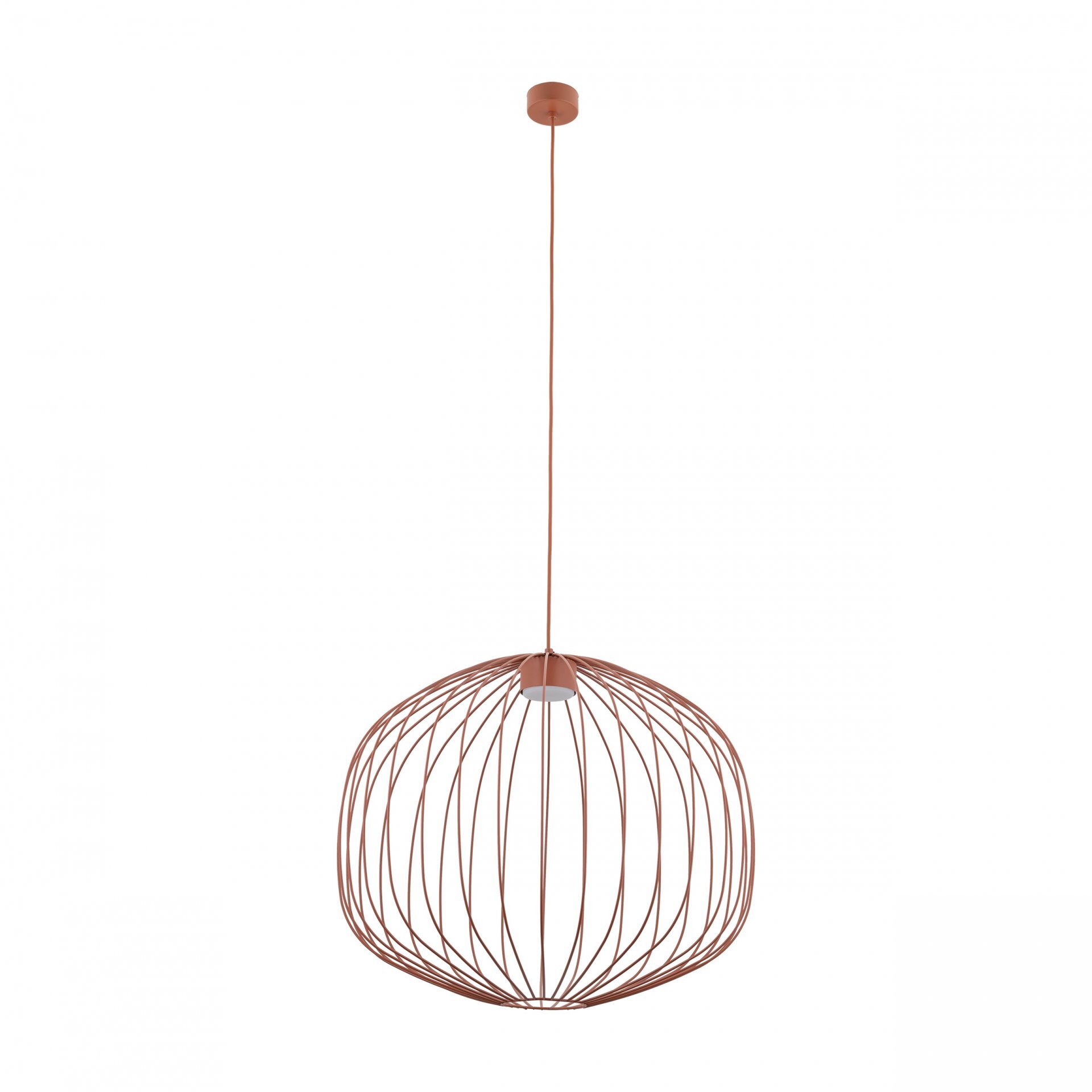 Lampa wisząca o nowoczesnym designie z metalowym kloszem w kształcie klatki, w kolorze miedzianym. Lampa jest zawieszona na cienkim przewodzie, zakończonym okrągłą podsufitką.