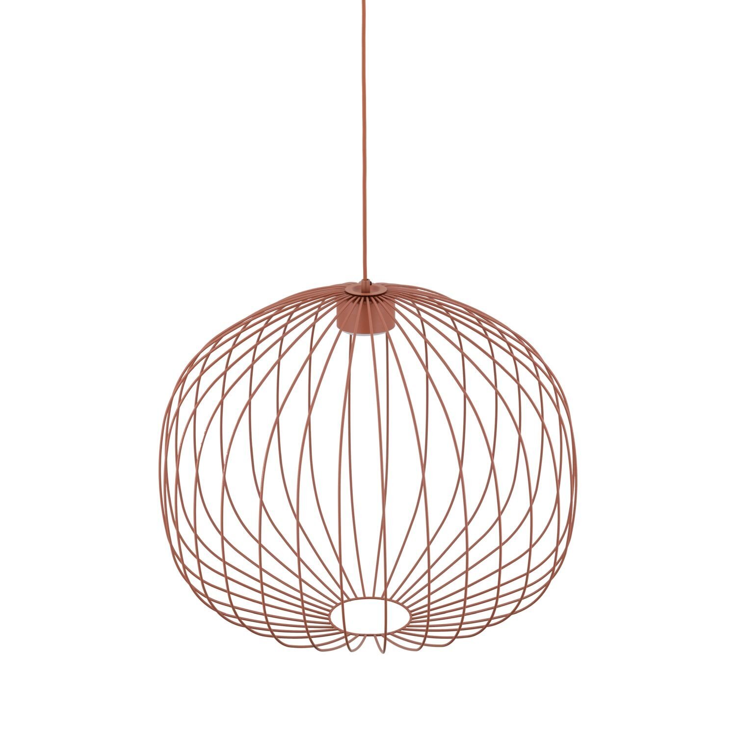 Lampa wisząca o kulistym kształcie z metalowych prętów w kolorze ceglastym. Posiada prosty przewód do zawieszenia.
