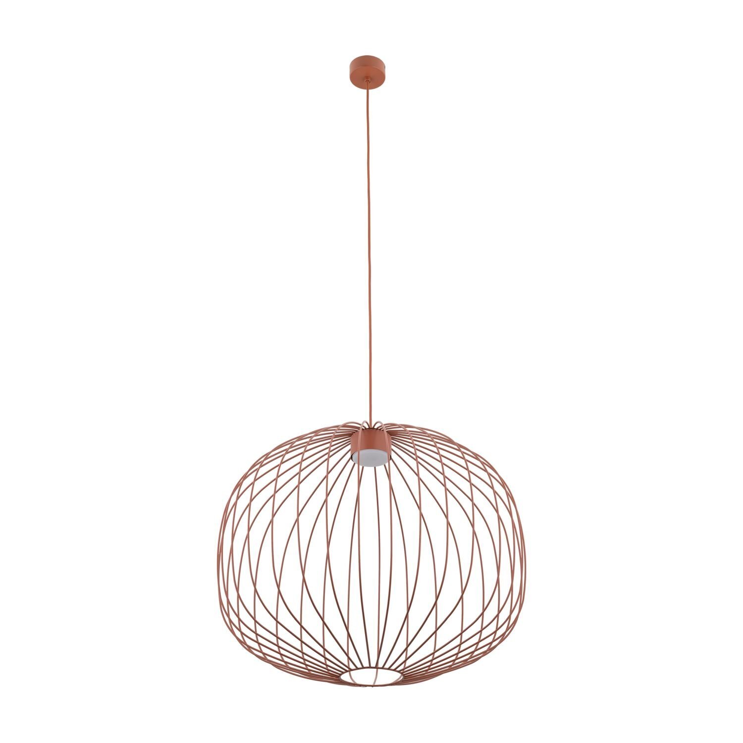 Lampa wisząca o nowoczesnym designie, wykonana z metalowych prętów w kolorze ceglastym, tworzących kulisty kształt. Zawieszona na cienkim przewodzie, z okrągłą podsufitką w tym samym kolorze.