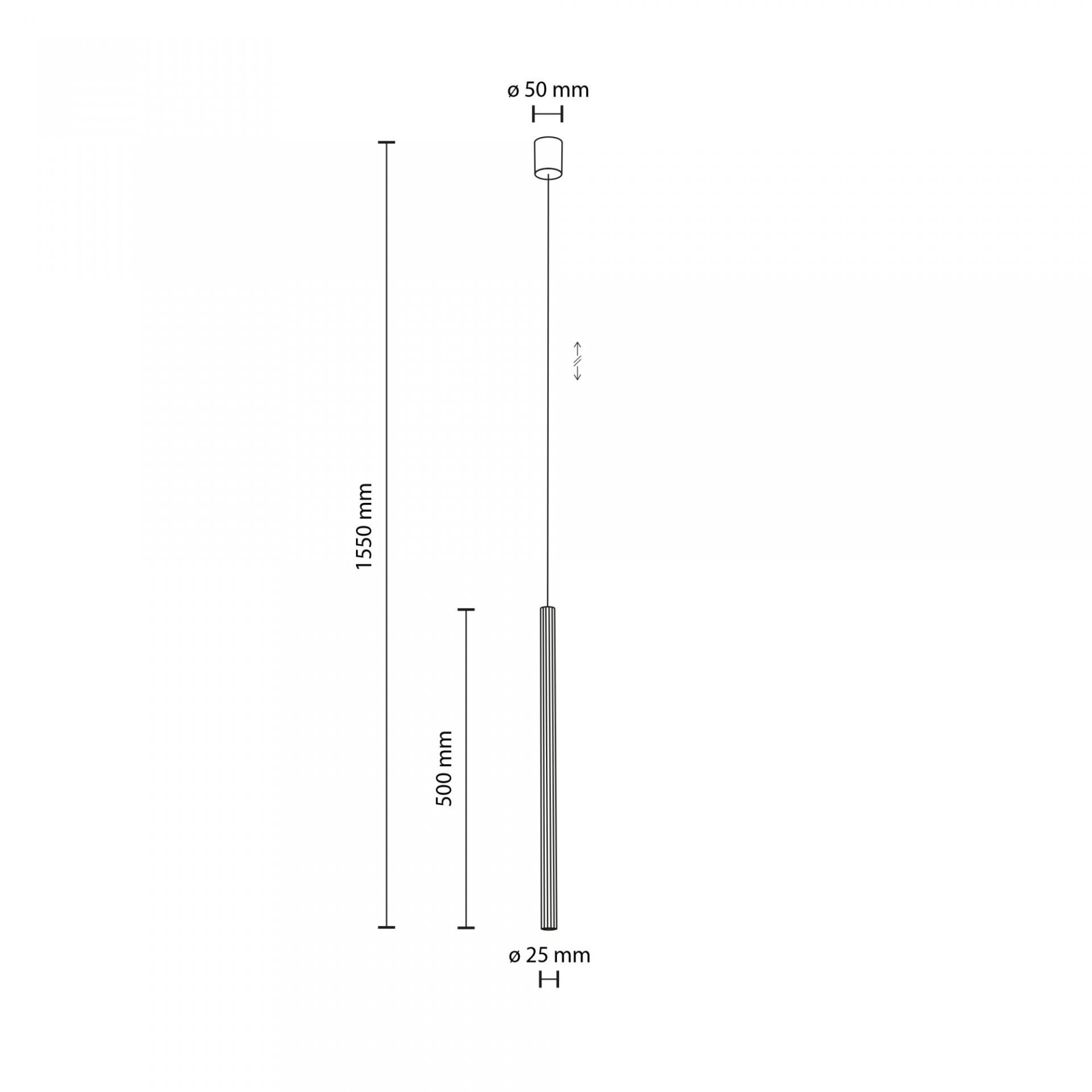 Schemat lampy wiszącej z wymiarami: wysokość całkowita 1550 mm, długość klosza 500 mm, średnica klosza 25 mm, średnica mocowania 50 mm.