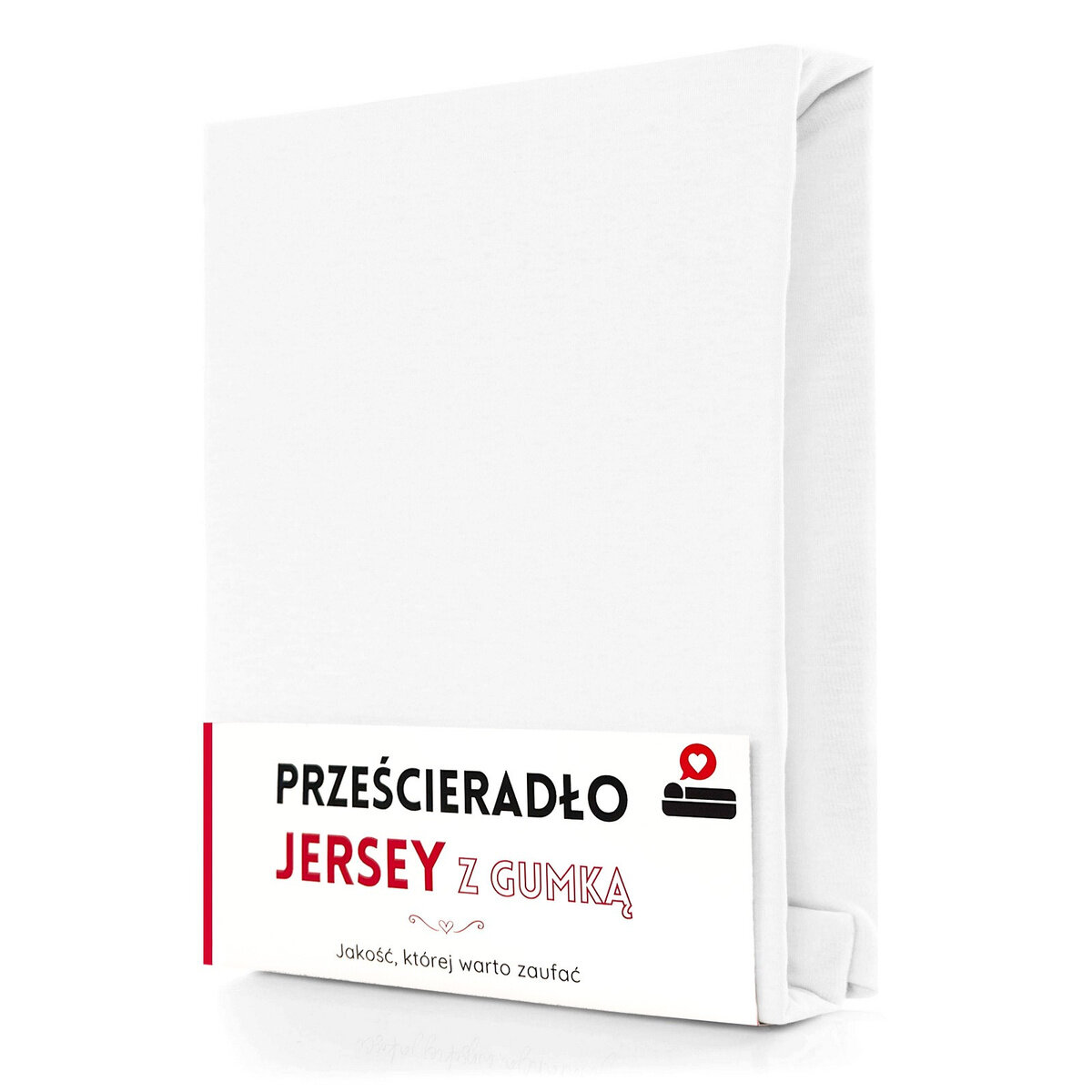 Na obrazie widoczne jest białe prześcieradło z etykietą, na której napisano: \'PRZEŚCIERADŁO JERSEY Z GUMKĄ\'. Pod spodem znajduje się tekst: \'Jakość, której warto zaufać\'.