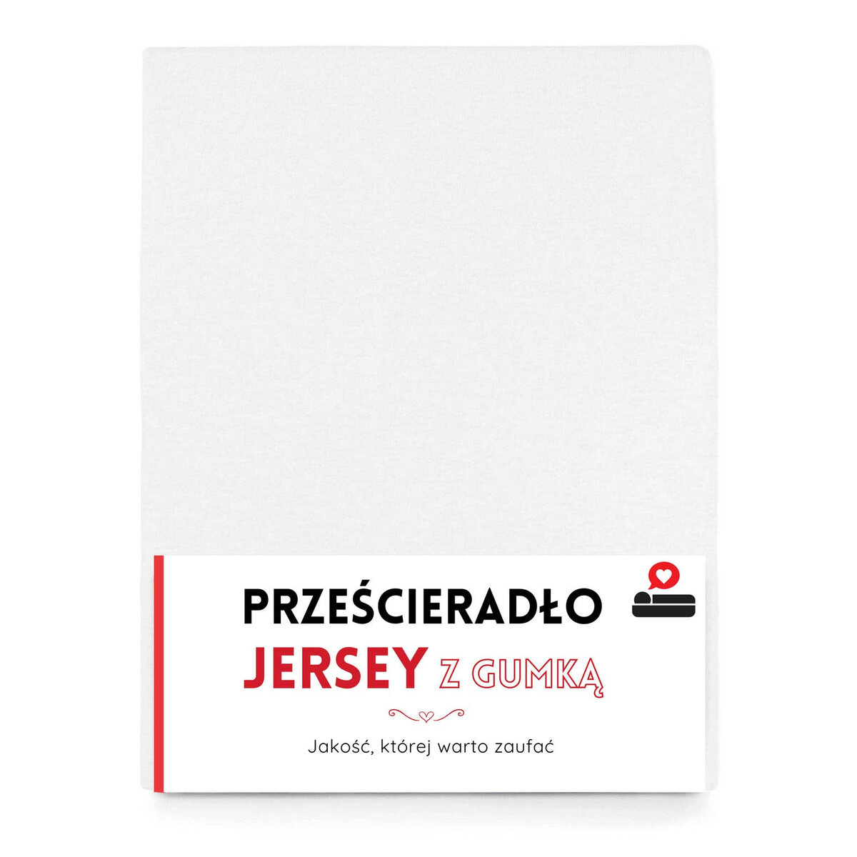 Białe prześcieradło z etykietą z napisem \'PRZEŚCIERADŁO JERSEY Z GUMKĄ\'. Na etykiecie znajduje się również tekst \'Jakość, której warto zaufać\'.