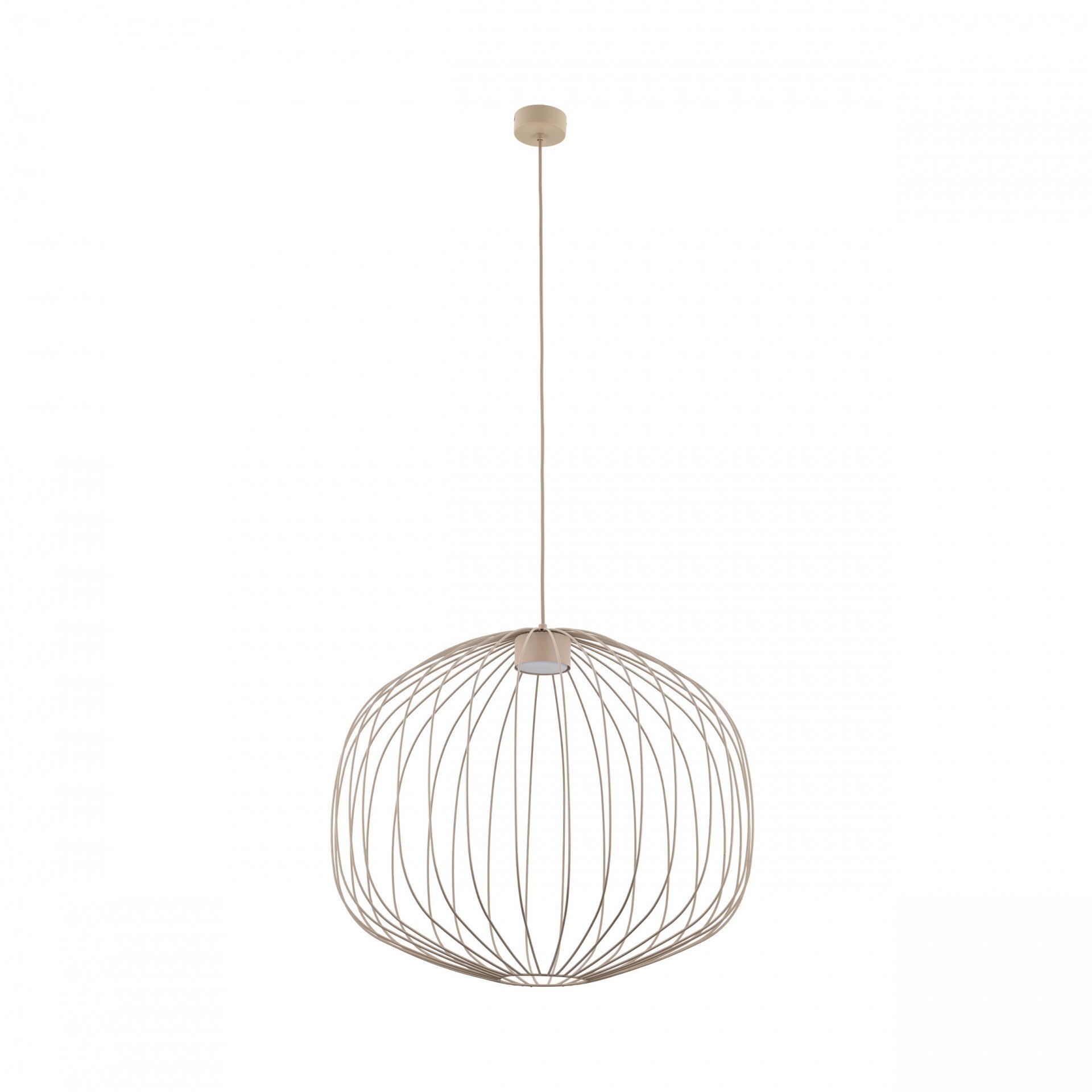 Lampa wisząca o ażurowej konstrukcji w kształcie kuli, zawieszona na cienkim przewodzie. Kolor lampy jest jasny, a jej design jest nowoczesny i minimalistyczny.