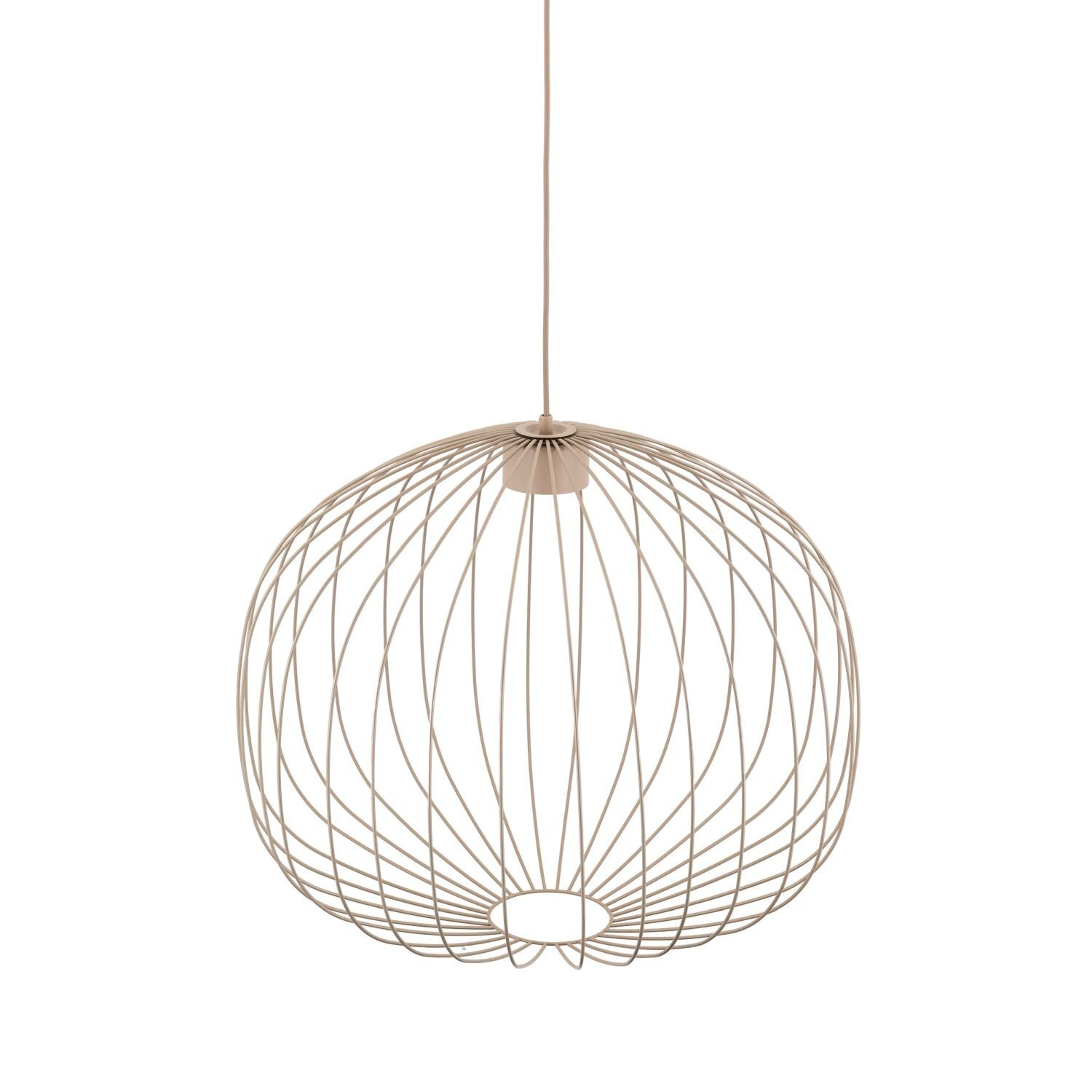 Lampa wisząca o kulistym kształcie z metalowych prętów w jasnym kolorze, zawieszona na cienkim przewodzie.
