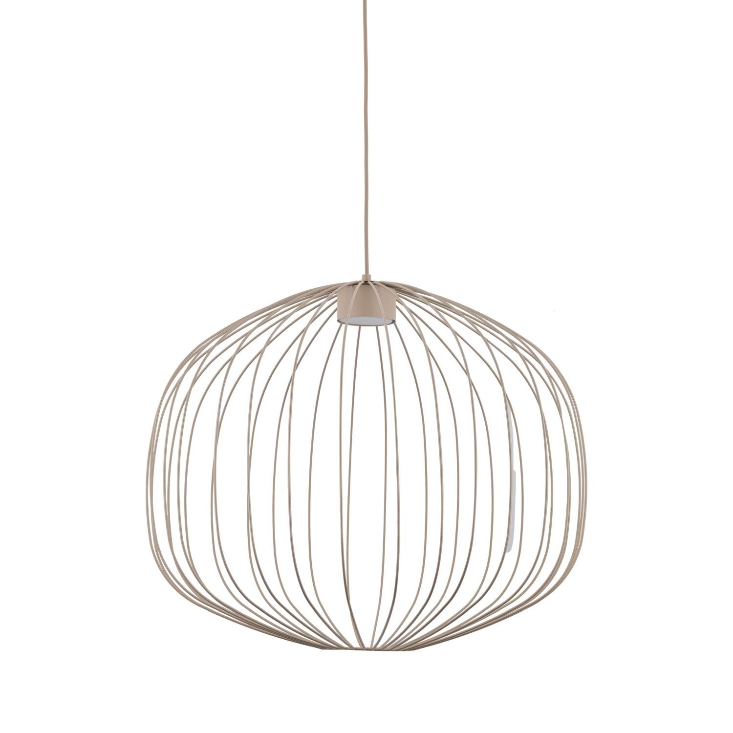 Lampa wisząca o ażurowej konstrukcji z metalowych prętów, w kształcie przypominającym klosz. Kolor lampy jest jasny, a przewód jest prosty i cienki.
