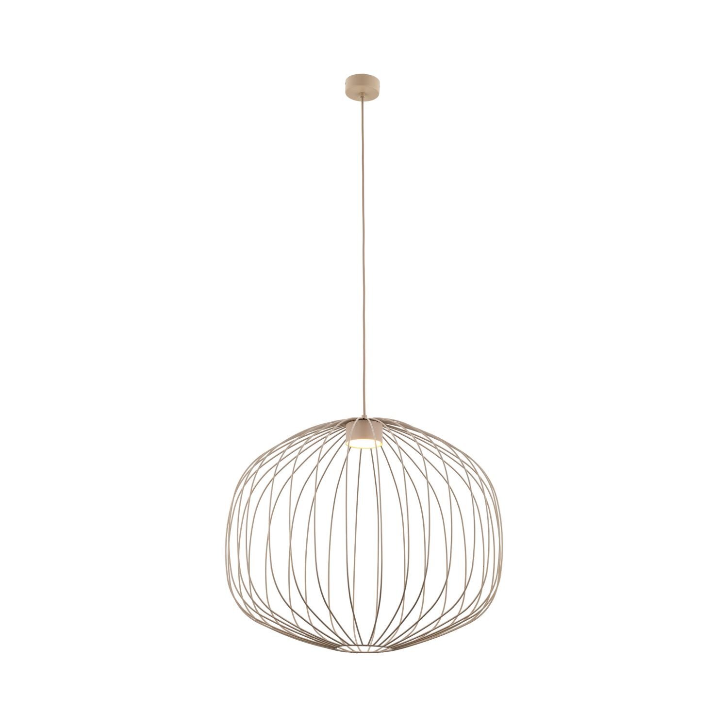 Lampa wisząca o ażurowej konstrukcji w kształcie kuli, wykonana z cienkich metalowych prętów w jasnym kolorze. Zawieszona na cienkim przewodzie z okrągłą podsufitką.