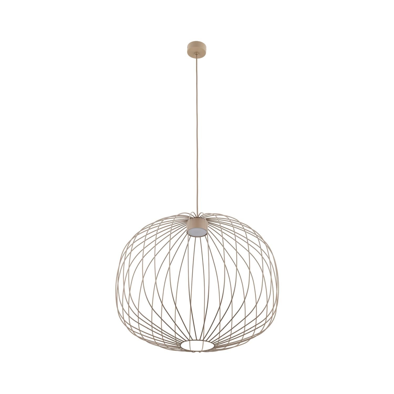 Lampa wisząca o kulistym kształcie z metalowym kloszem złożonym z cienkich prętów. Klosz jest zawieszony na długim przewodzie z okrągłą podsufitką.